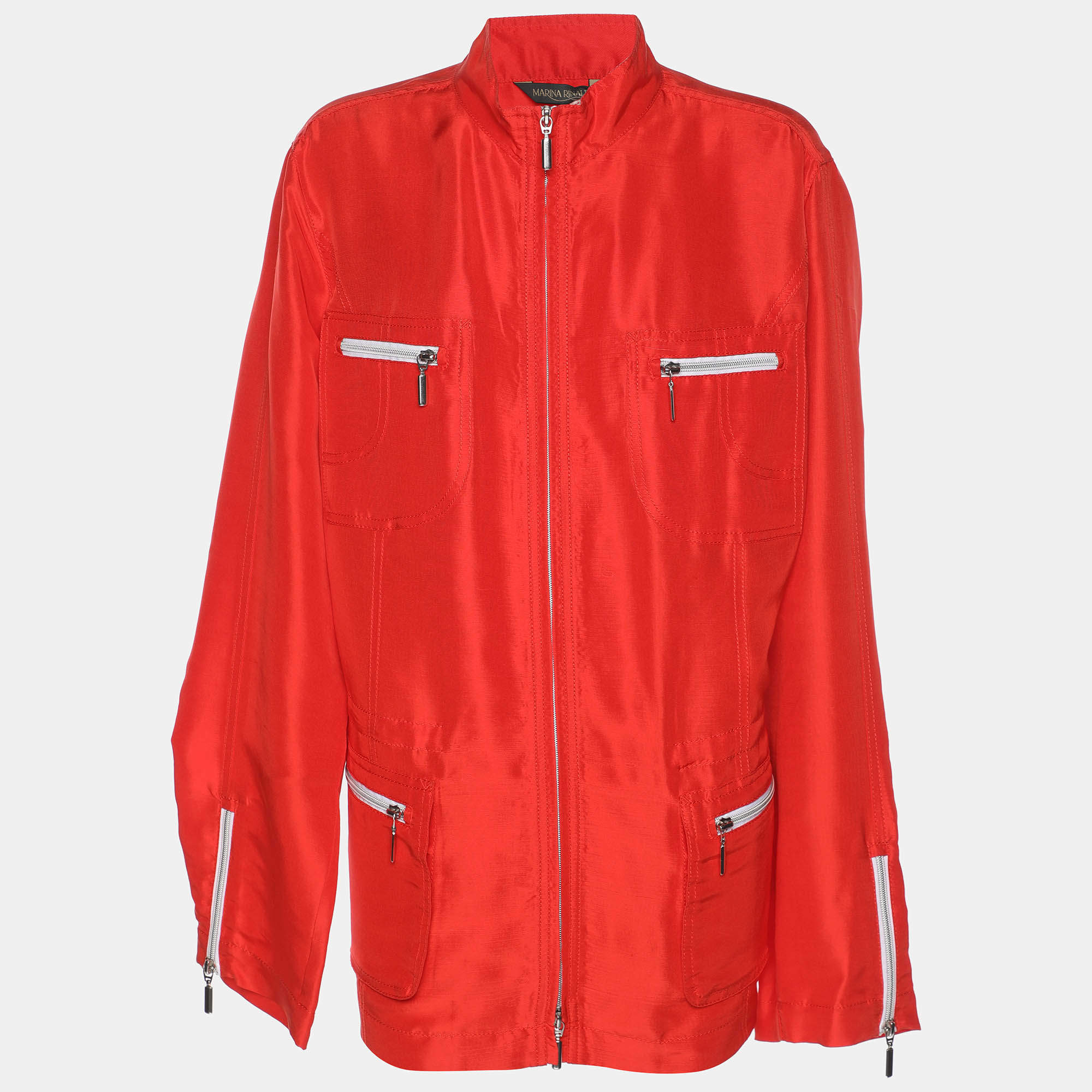 Pre Owned Marina Rinaldi Orange Silk Zip Up Patch Pocket Jacket L