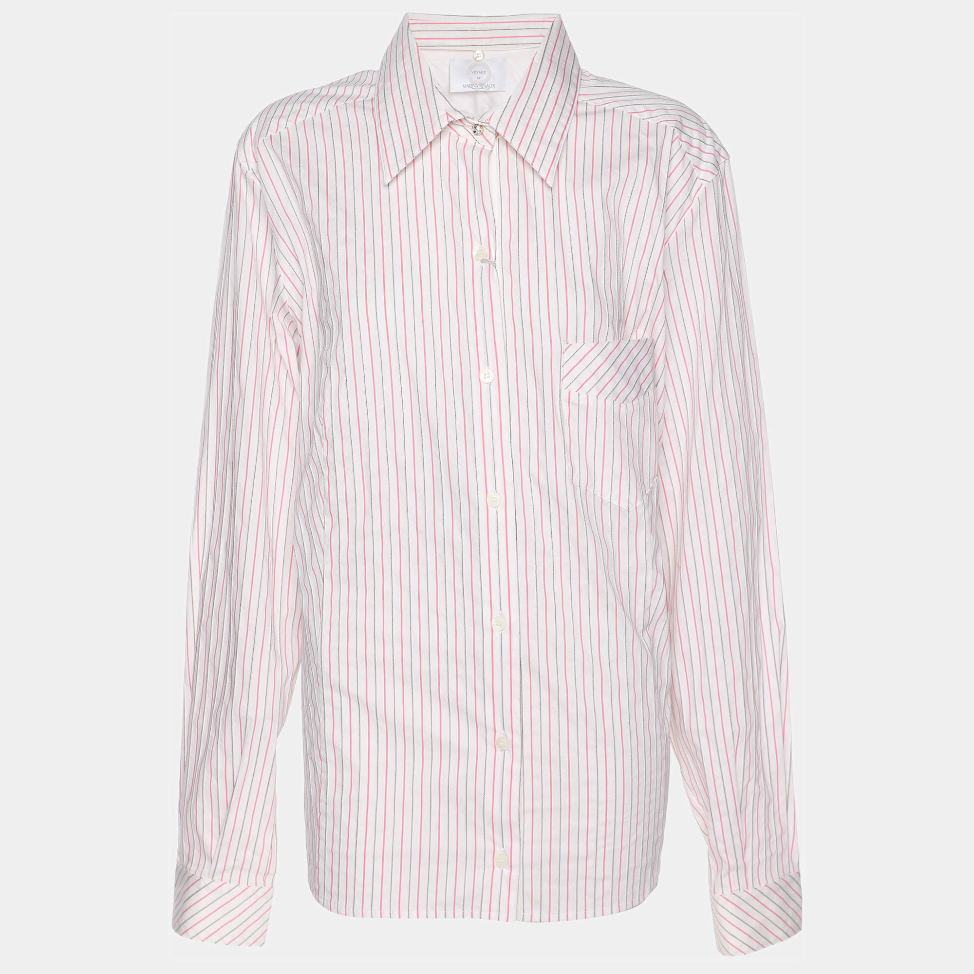 مملوكة مسبقًا Voyage by Marina Rinaldi Pink/White Stripe Cotton Blend Removable Collar Long Sleeve Shirt L