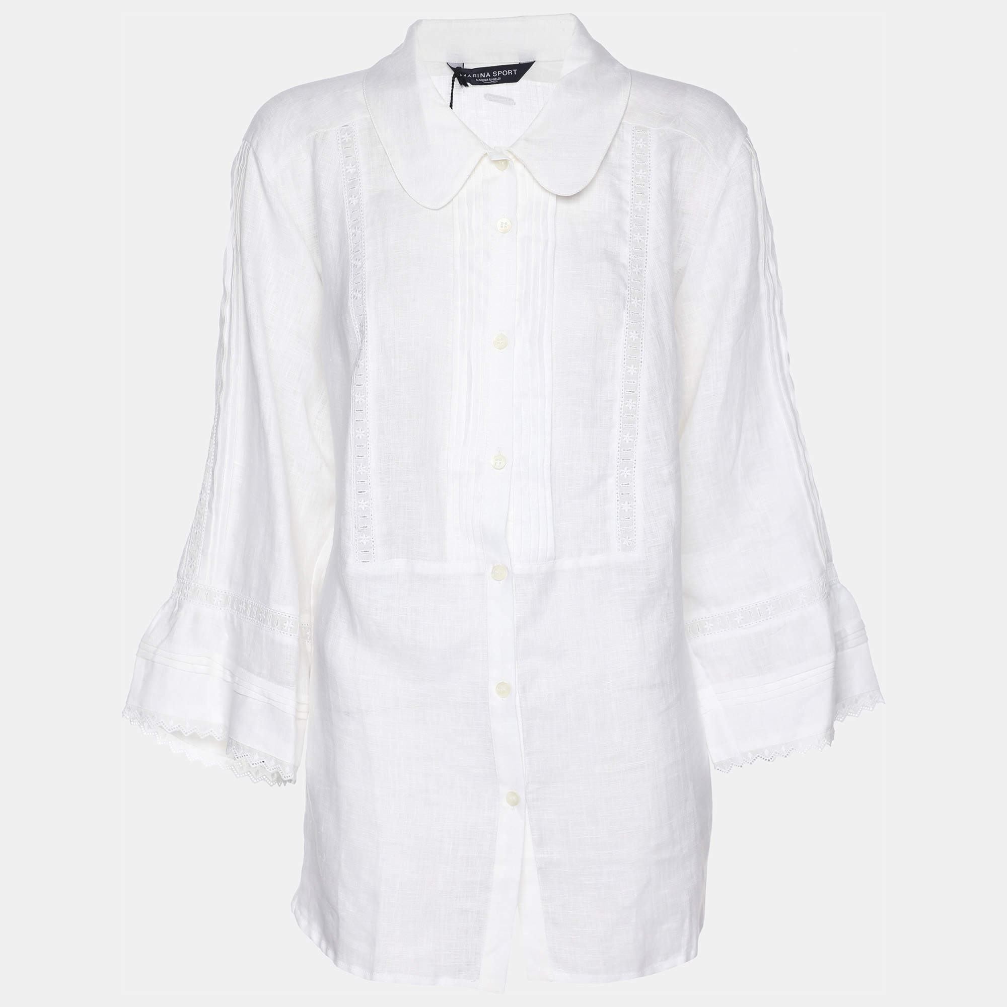 مملوكة مسبقًا Marina Sport by Marina Rinaldi White Line Embroidered Button Front Shirt L