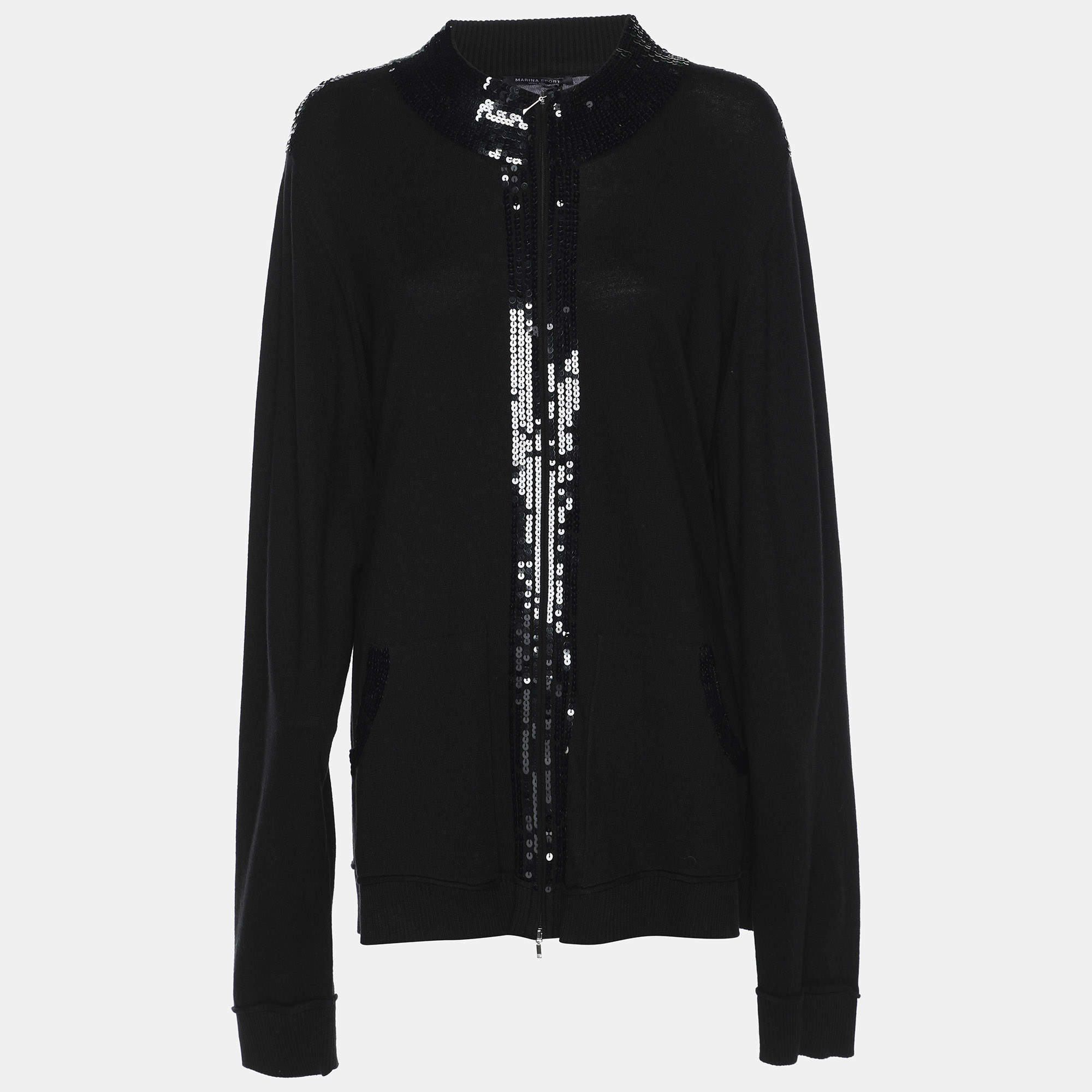 مملوكة مسبقًا Marina Sport by Marina Rinaldi Black Knit Sequin Embellished Front Zip Sweater XL