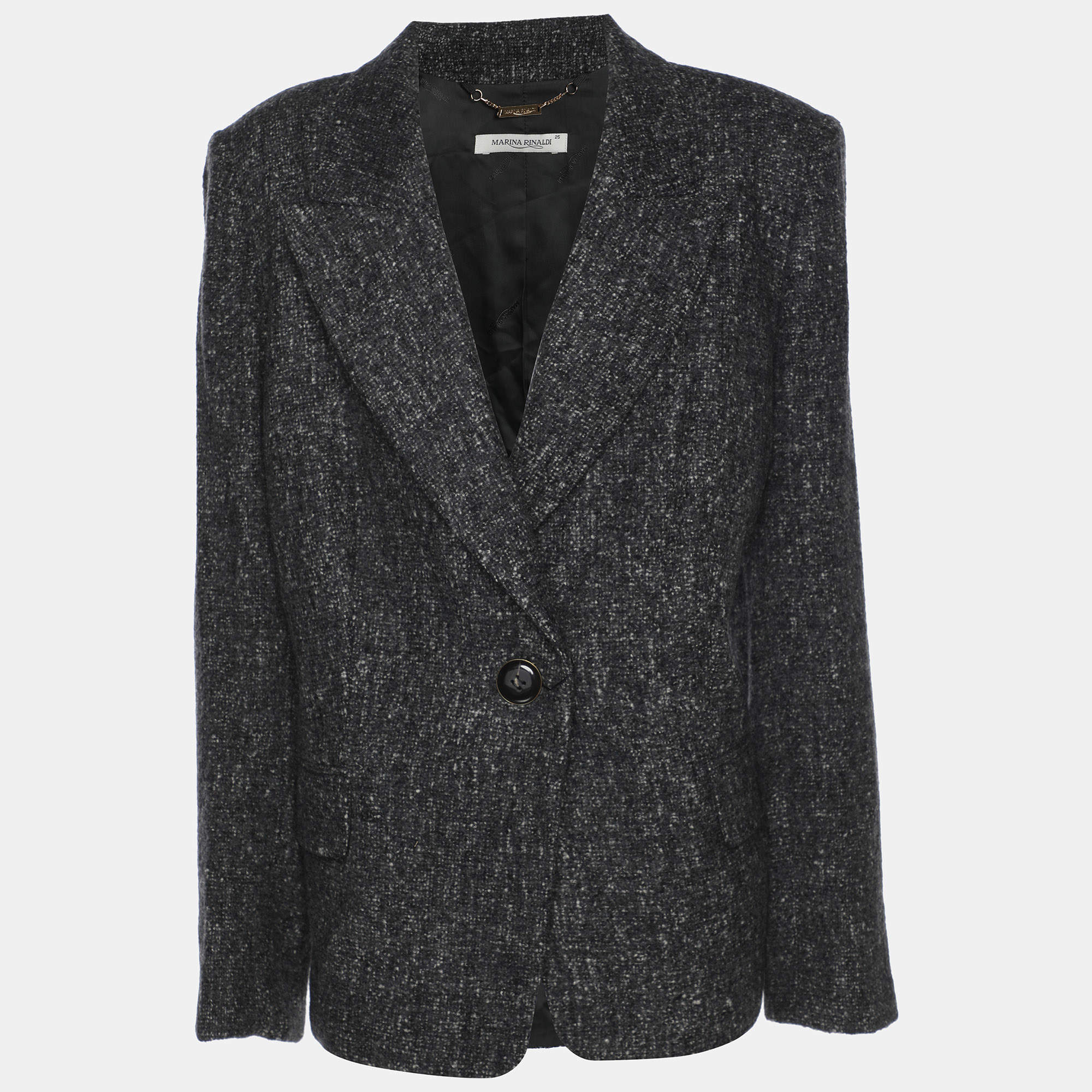 Pre Owned Marina Rinaldi Grey Tweed Single Breasted Blazer L