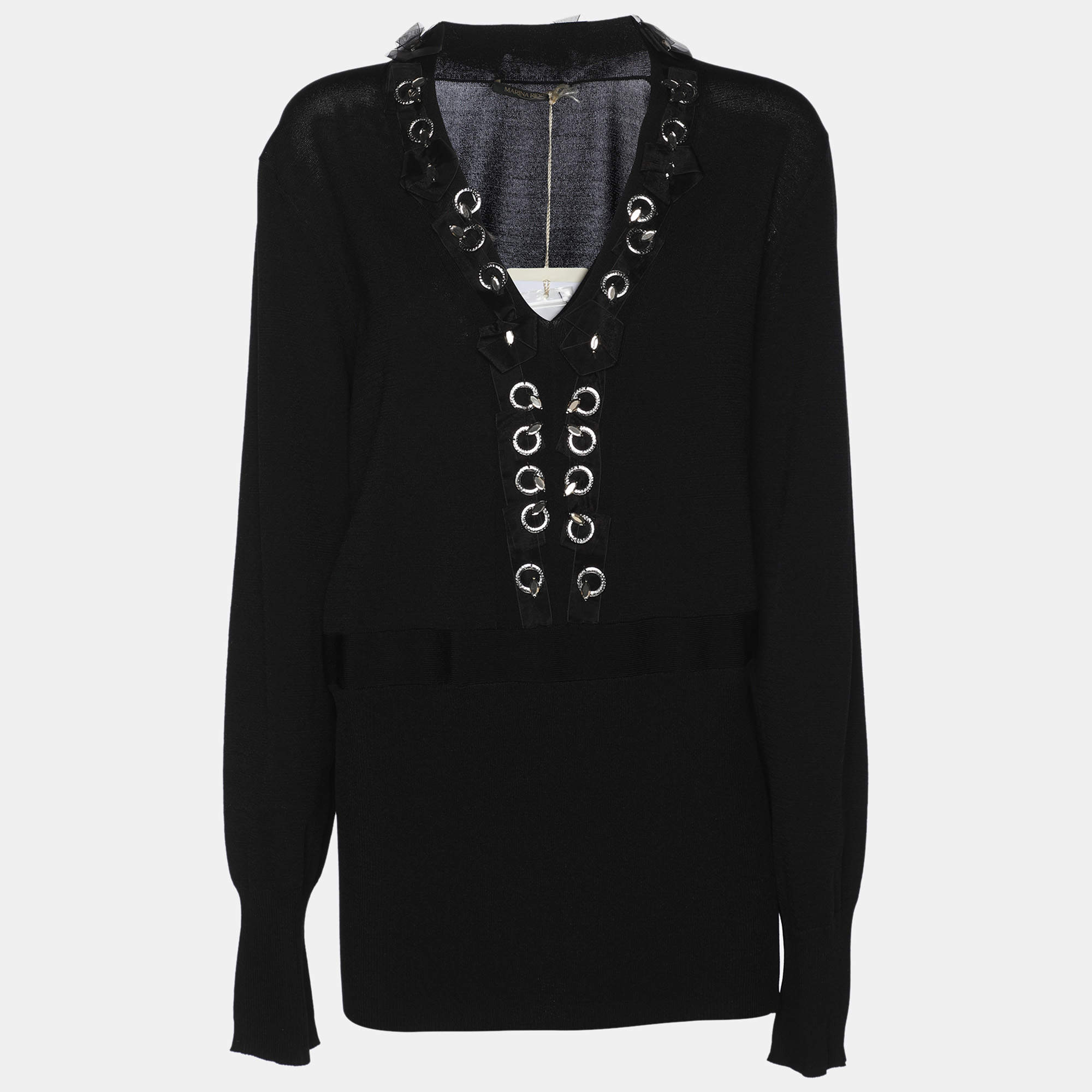Pre Owned Marina Rinaldi Black Stretch Knit Embellished Long Sleeve Blouse L