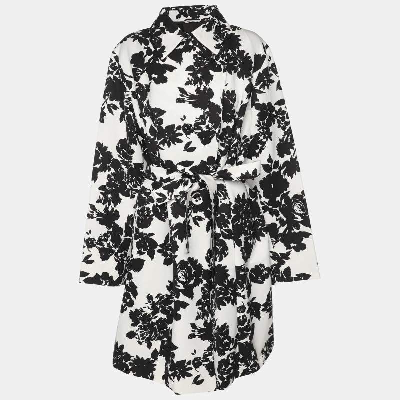 Pre Owned Marina Rinaldi White/Black Printed Cotton Blend Belted Overcoat L
