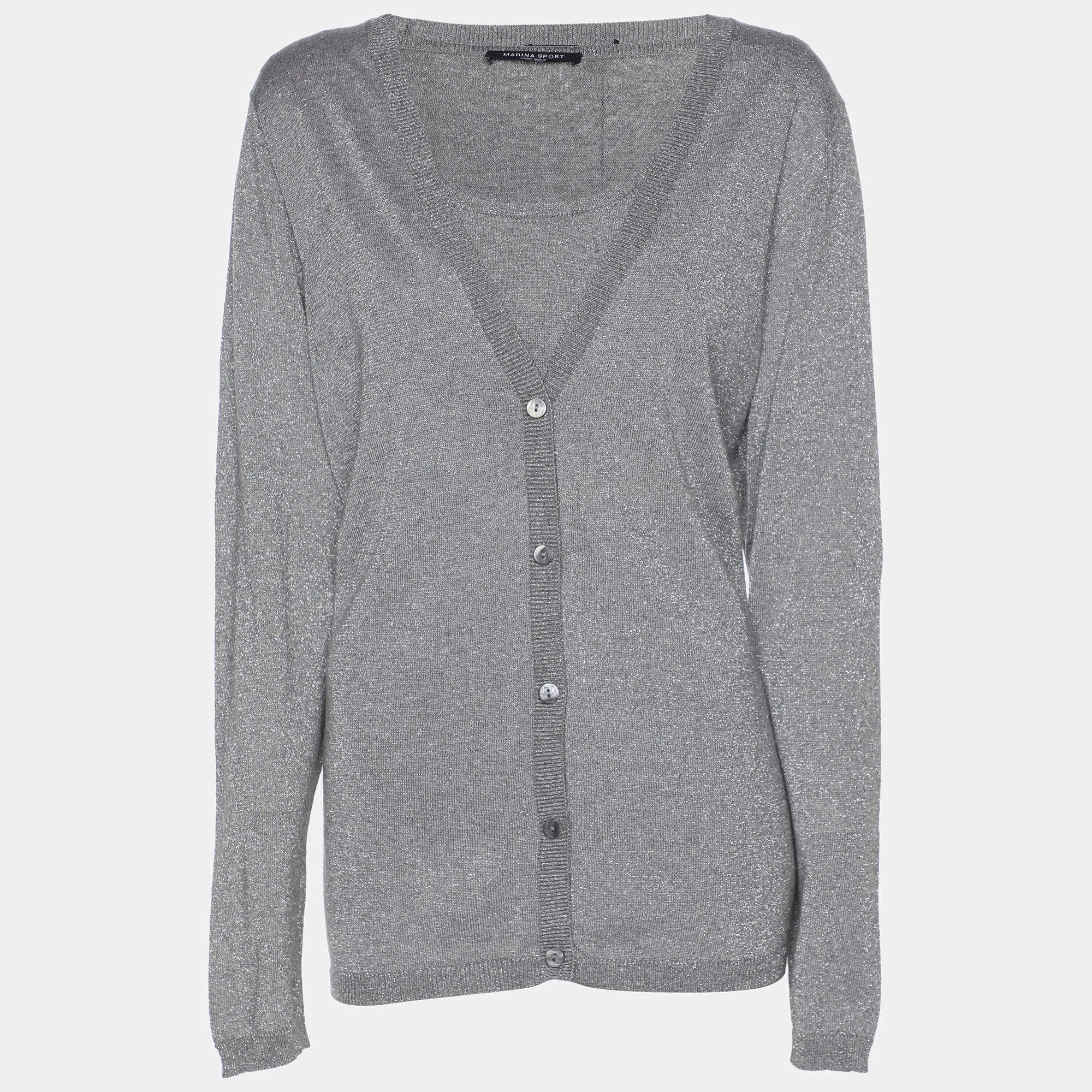 Pre Owned Marina Sport by Marina Rinaldi Grey/Silver Lurex Knit Button Front Sweater L