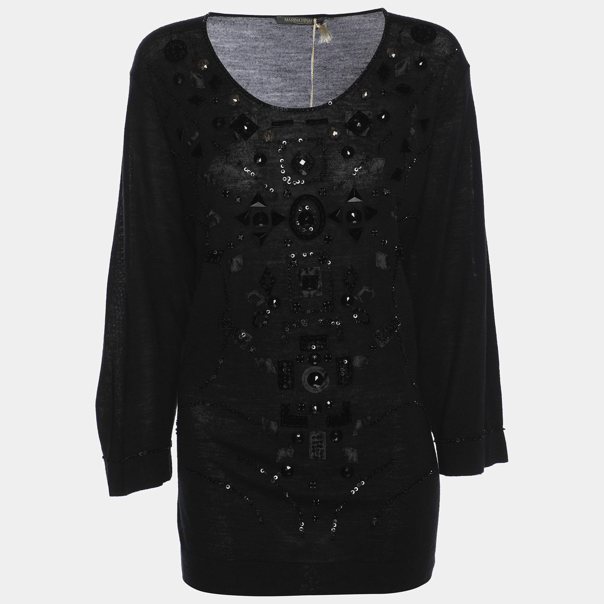Pre Owned Marina Rinaldi Black Stretch Wool Embellished Sweater L
