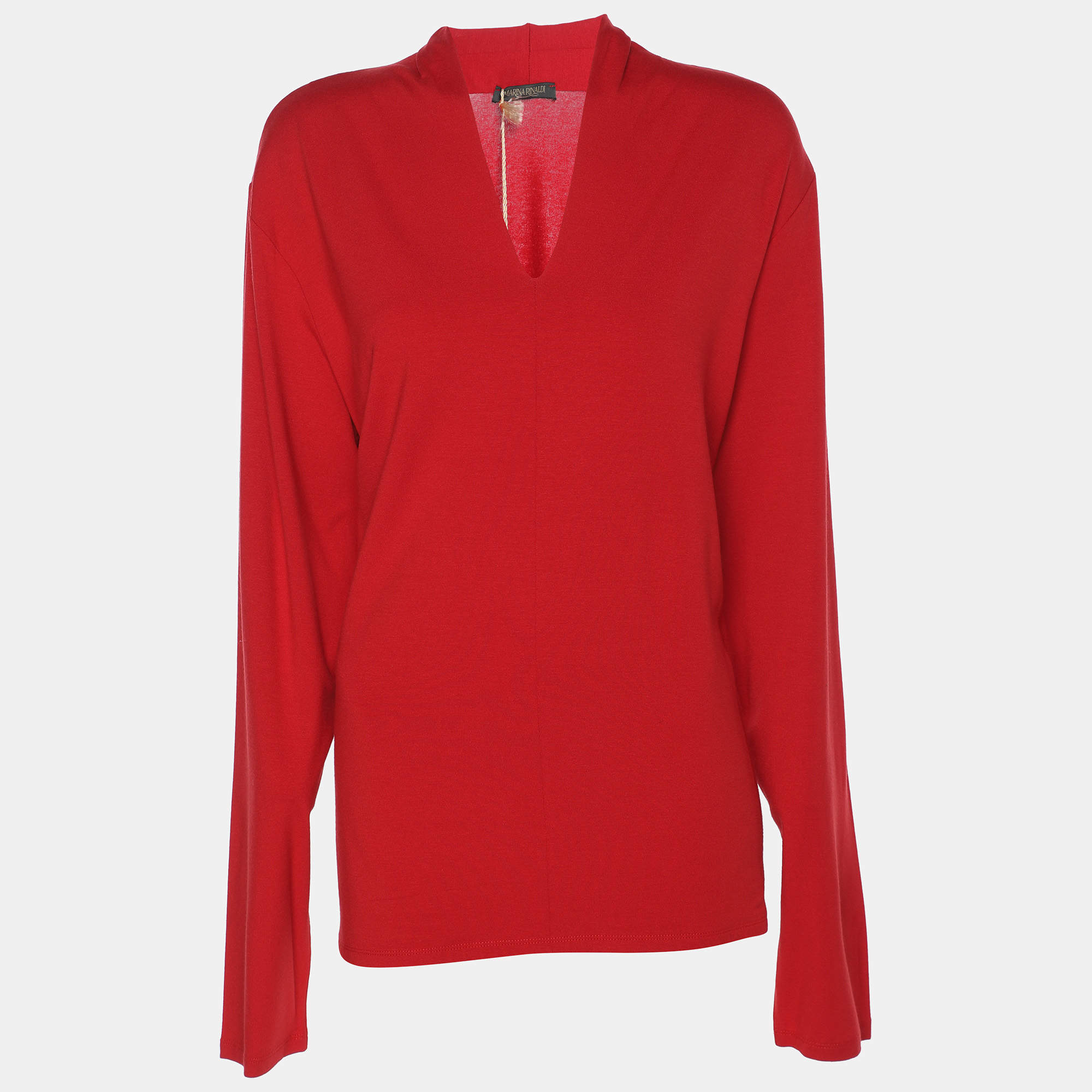 Pre Owned Marina Rinaldi Red Jersey V Neck Top L