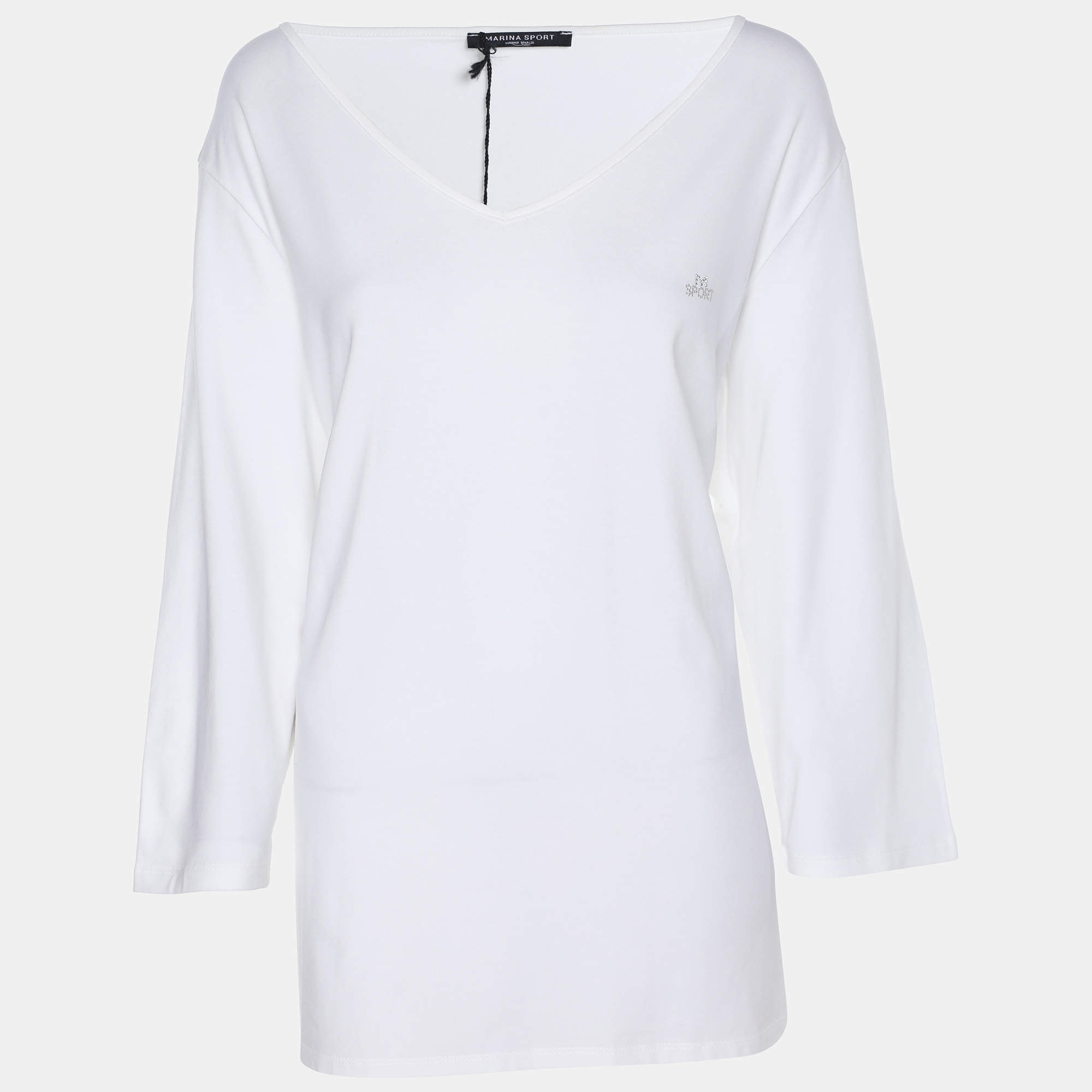 Pre Owned Marina Sport by Marina Rinaldi White Jersey Logo V Neck Top L