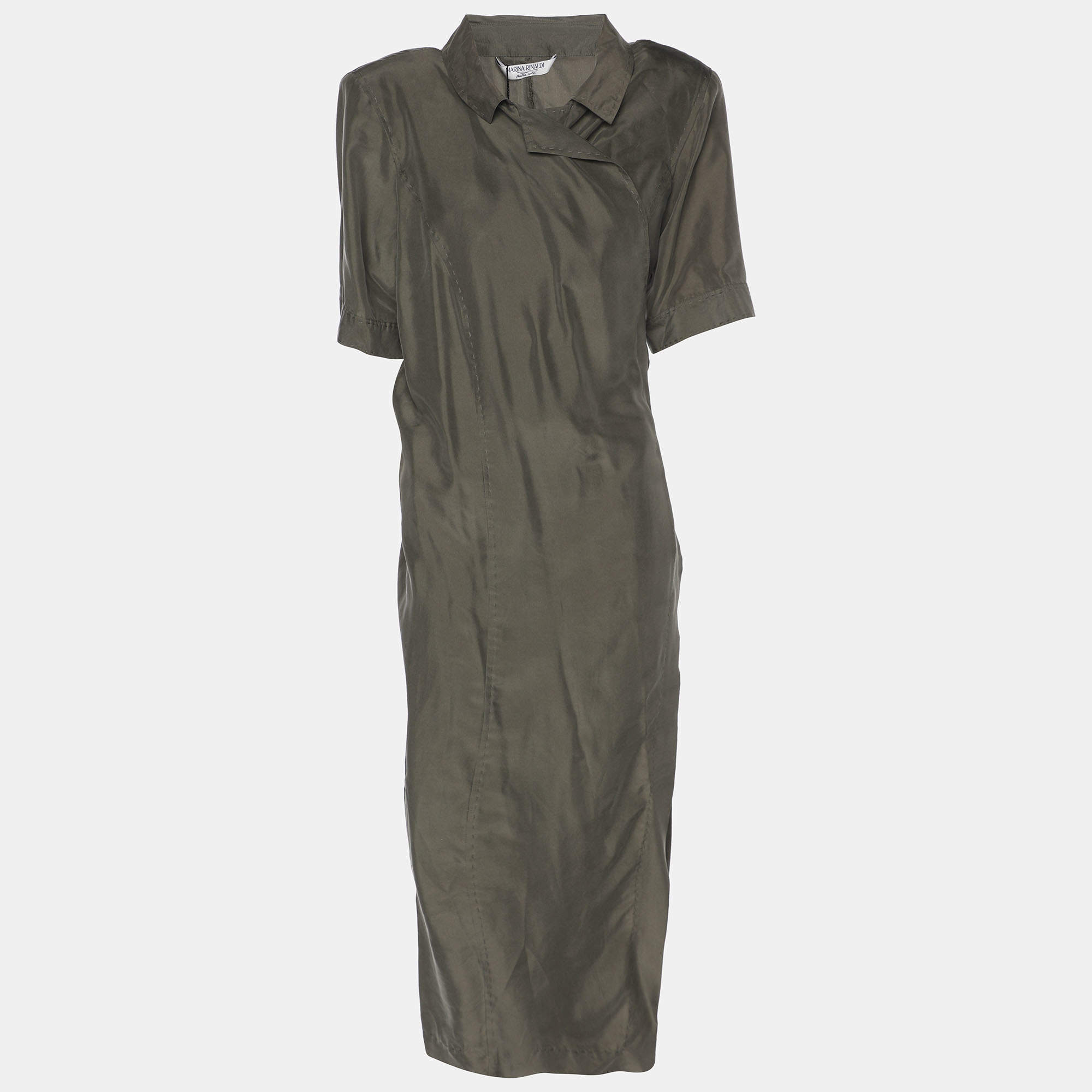 Pre Owned Marina Rinaldi Green Satin Wrap Around Midi Dress L