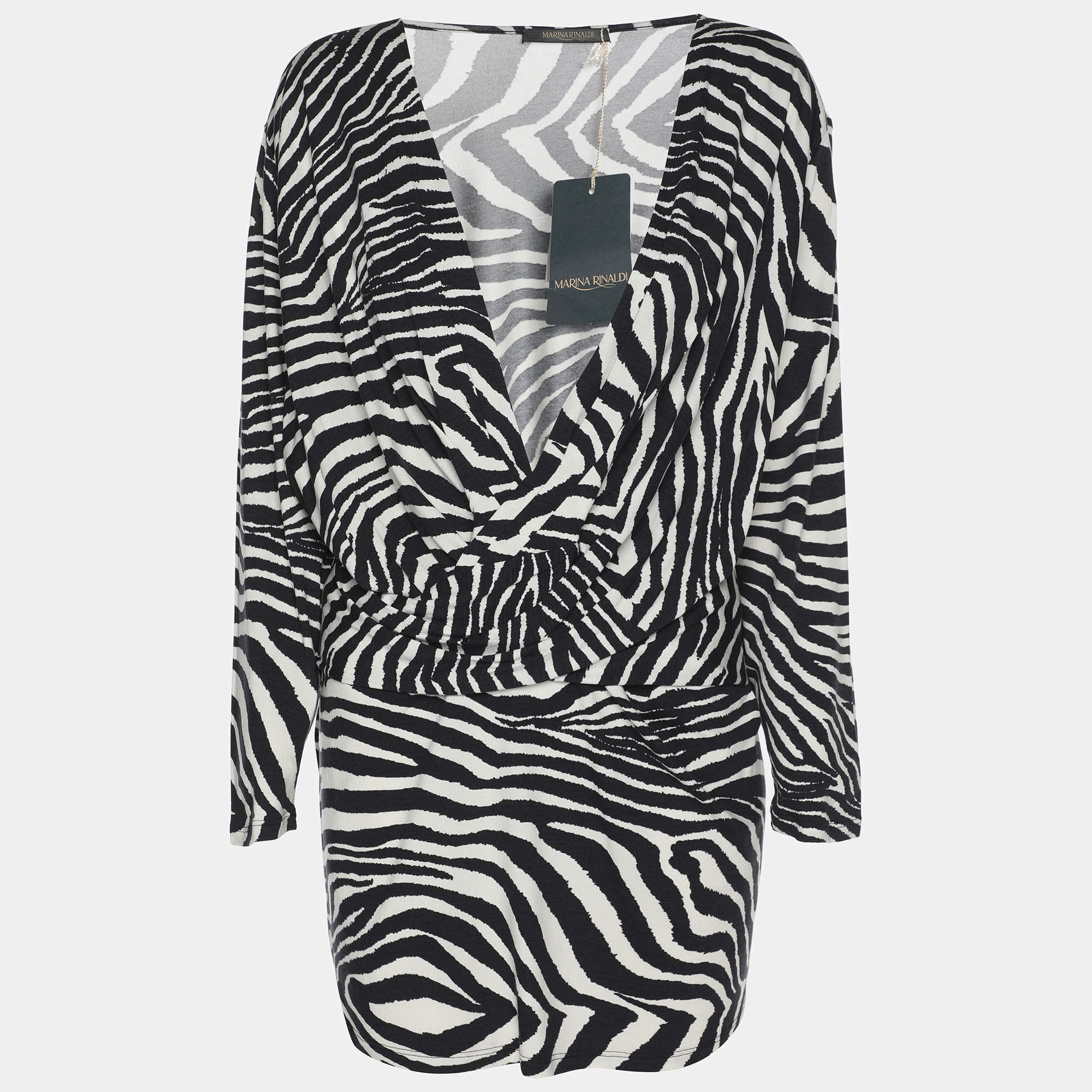 Pre Owned Marina Rinaldi Black/White Zebra Print Jersey V Neck Tops L