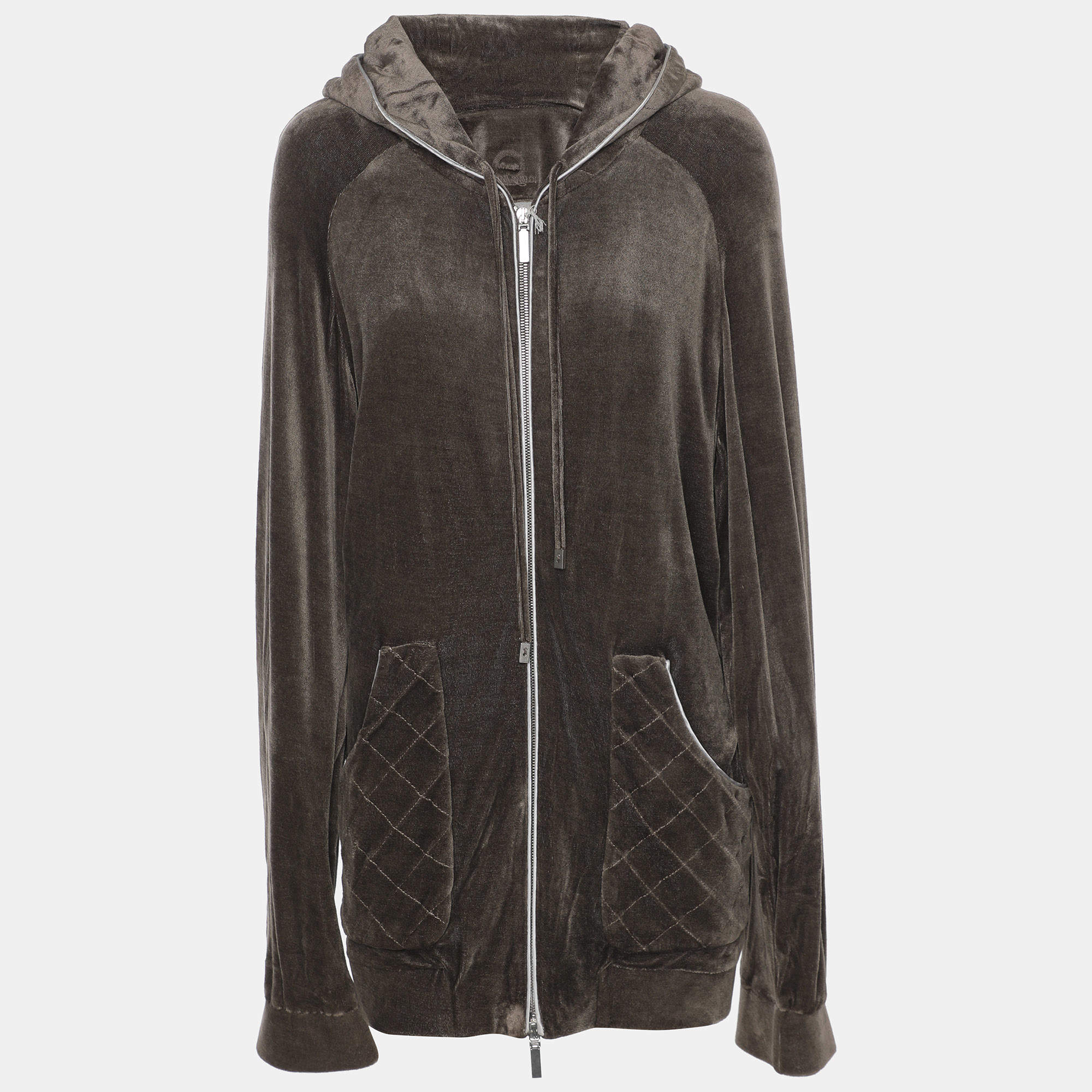 Pre Owned Voyage by Marina Rinaldi Grey Velvet Drawstring Hoodie Jacket L