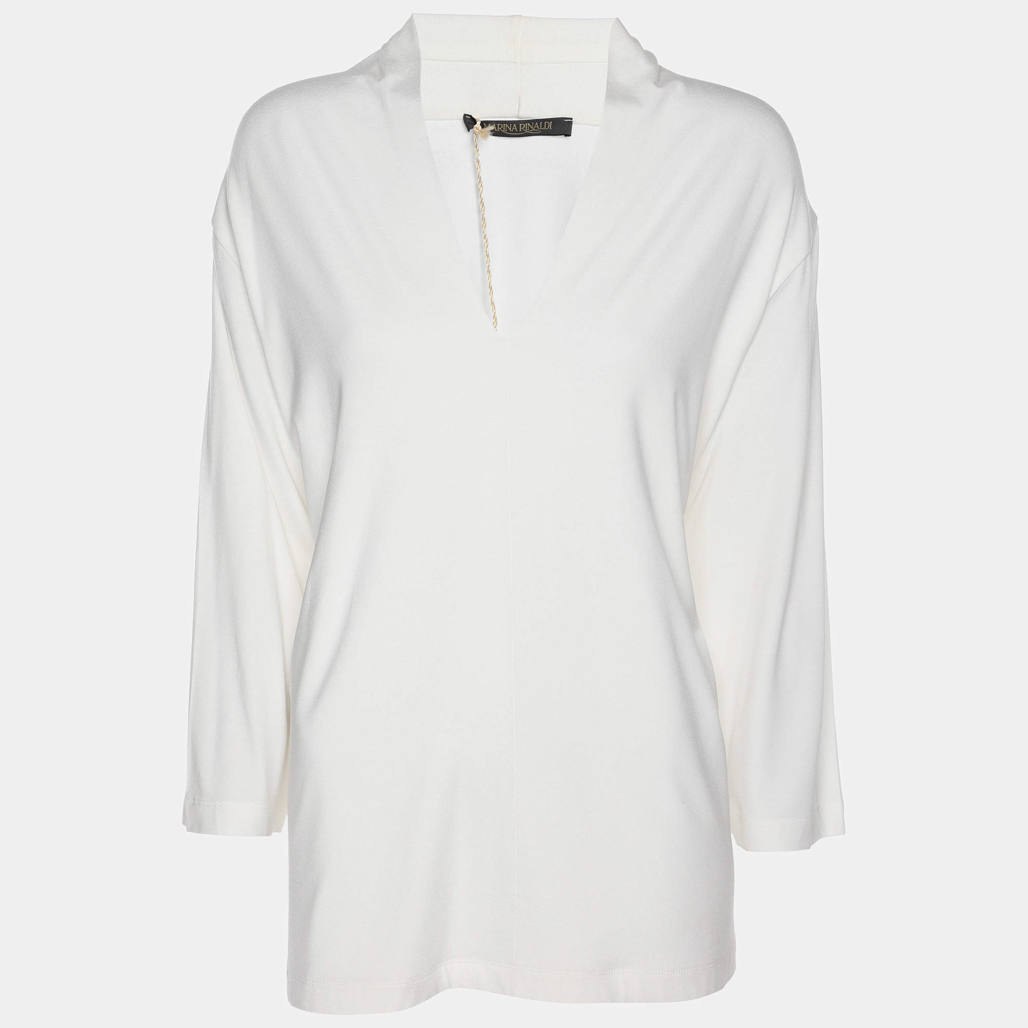 Pre Owned Marina Rinaldi Cream Jersey V Neck Tops L