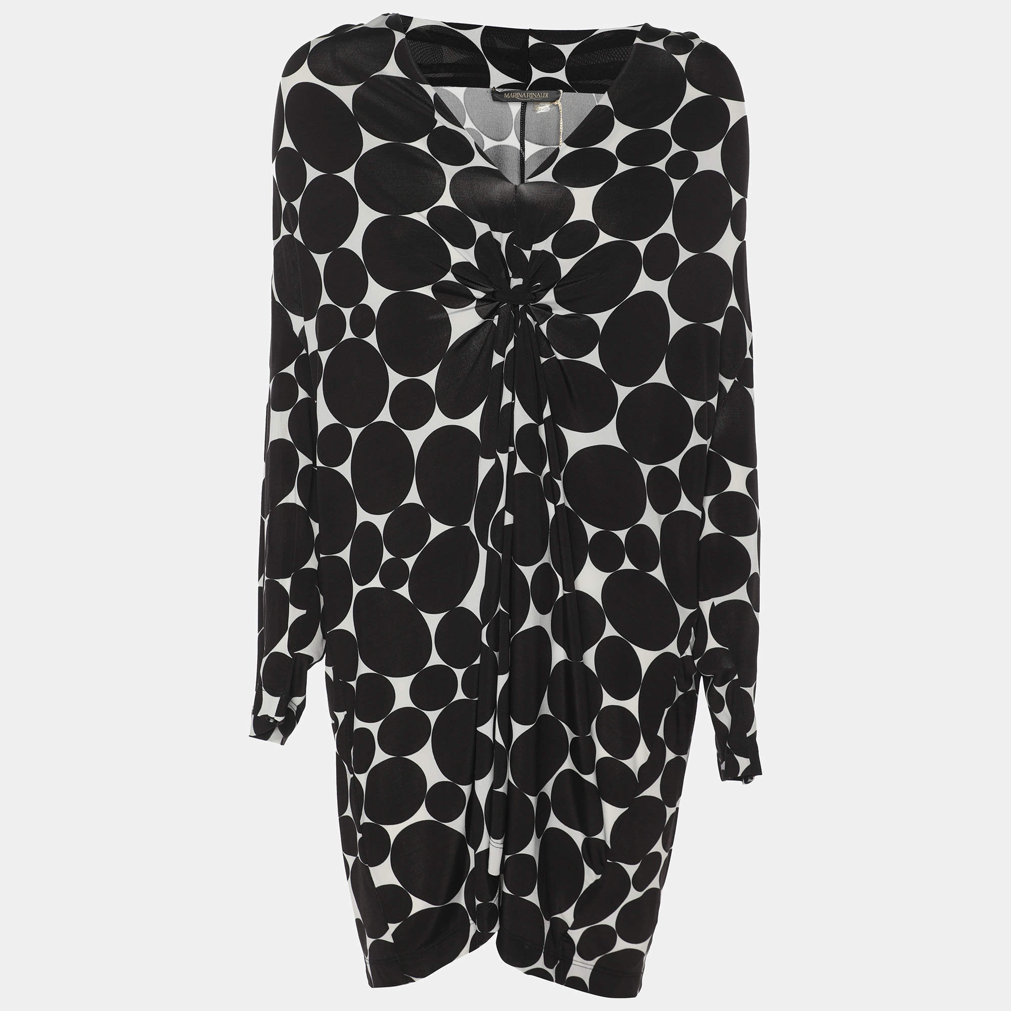 Pre Owned Marina Rinaldi Black/White Printed Jersey Knot Front Top XL