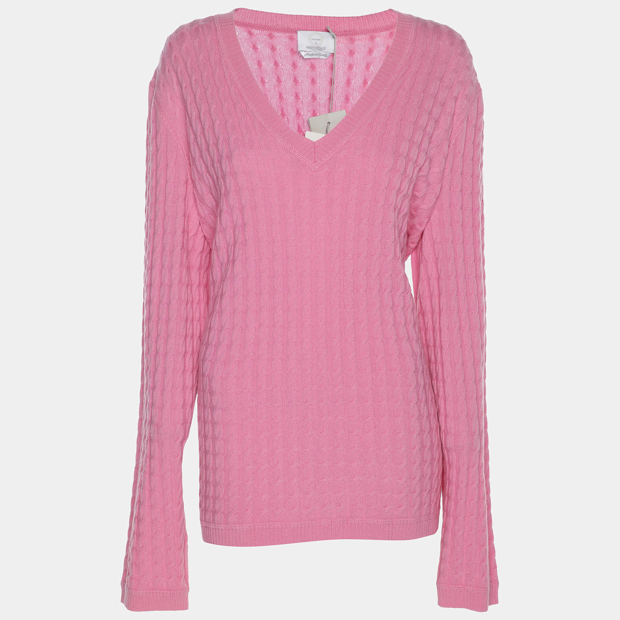 Pre Owned Voyage by Marina Rinaldi Pink Cable Knit V Neck Sweater L