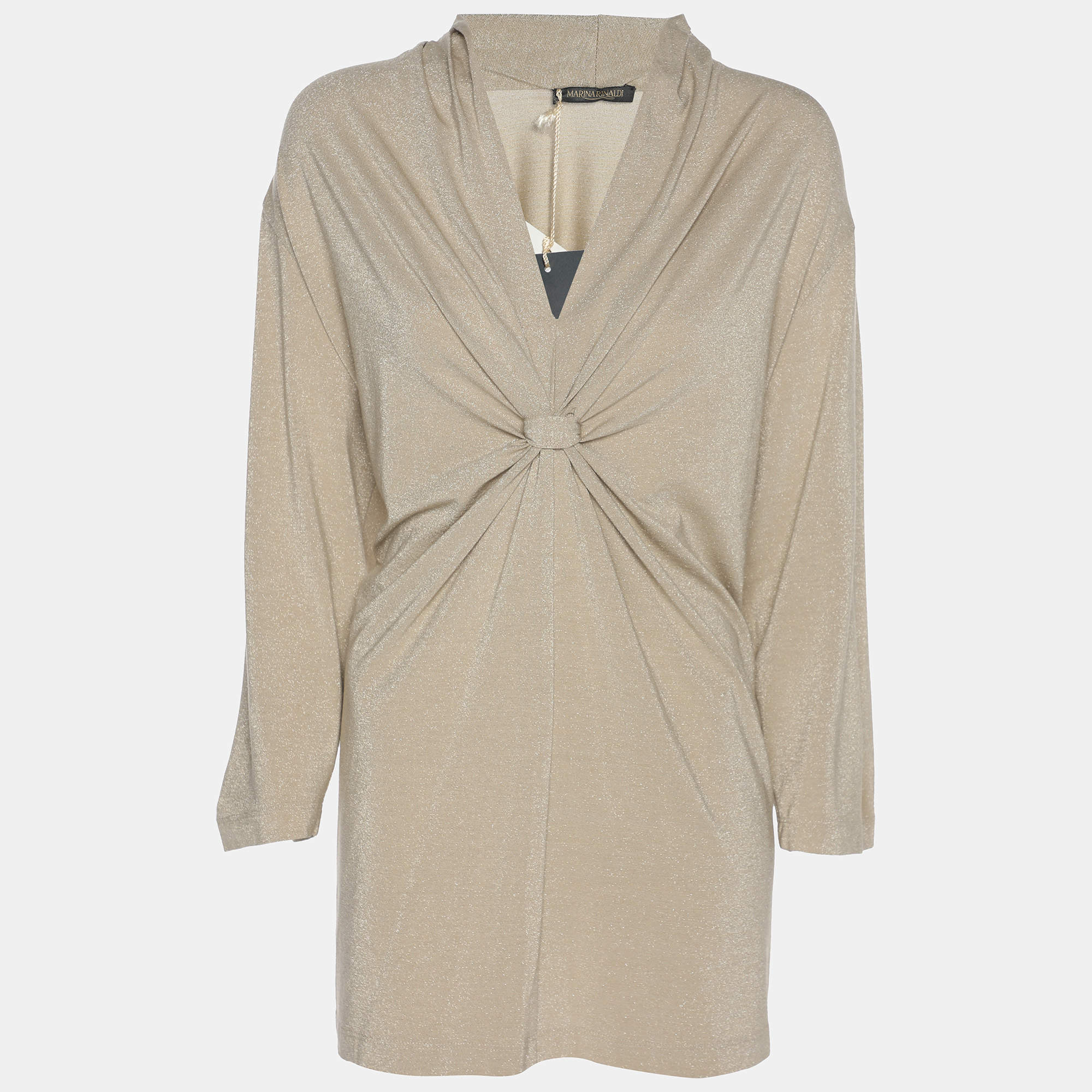Pre Owned Marina Rinaldi Metallic Beige Lurex Knit Knot Front Shirt L