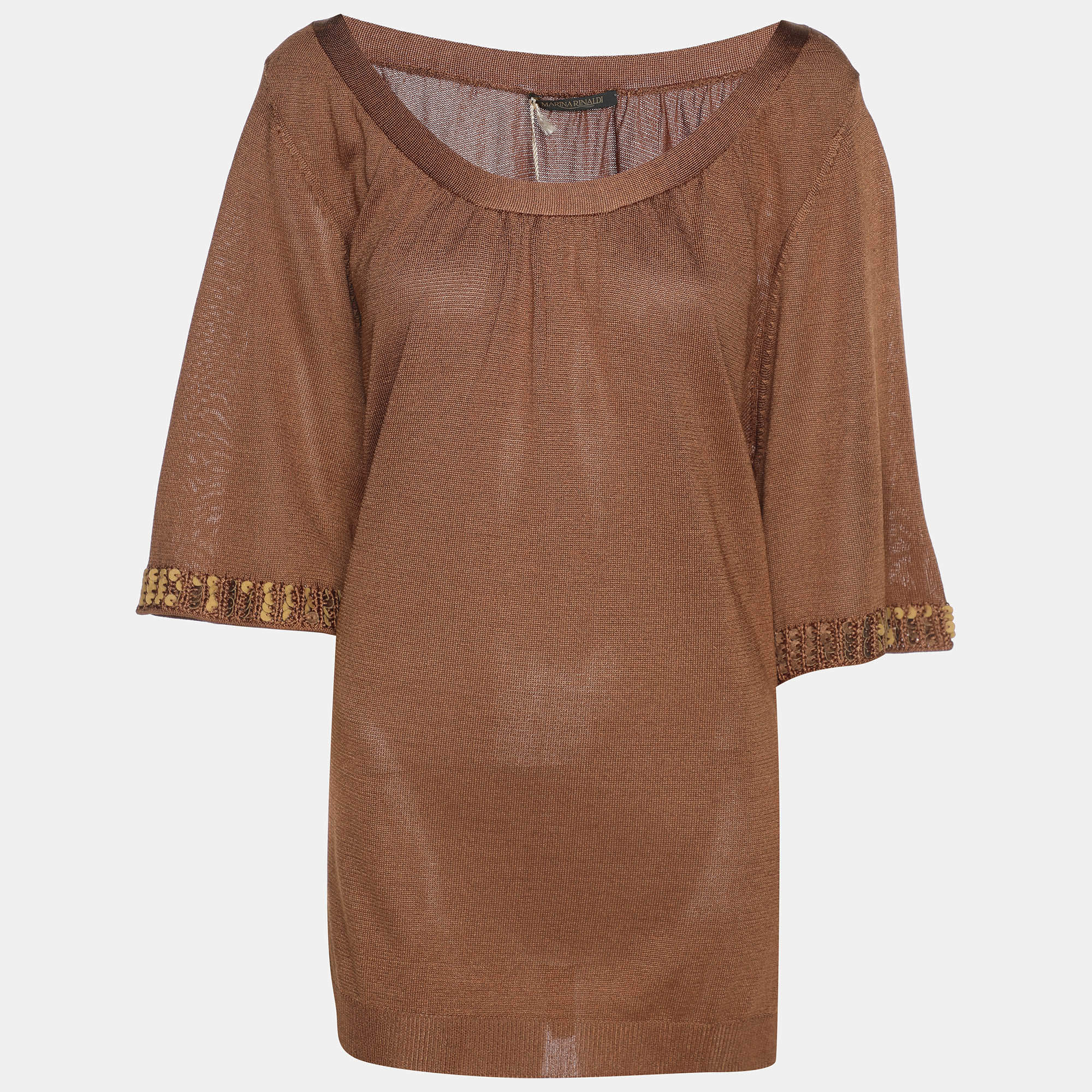مملوكة مسبقًا Marina Rinaldi Brown Stretch Knit 3/4 Sleeve Sweater XL