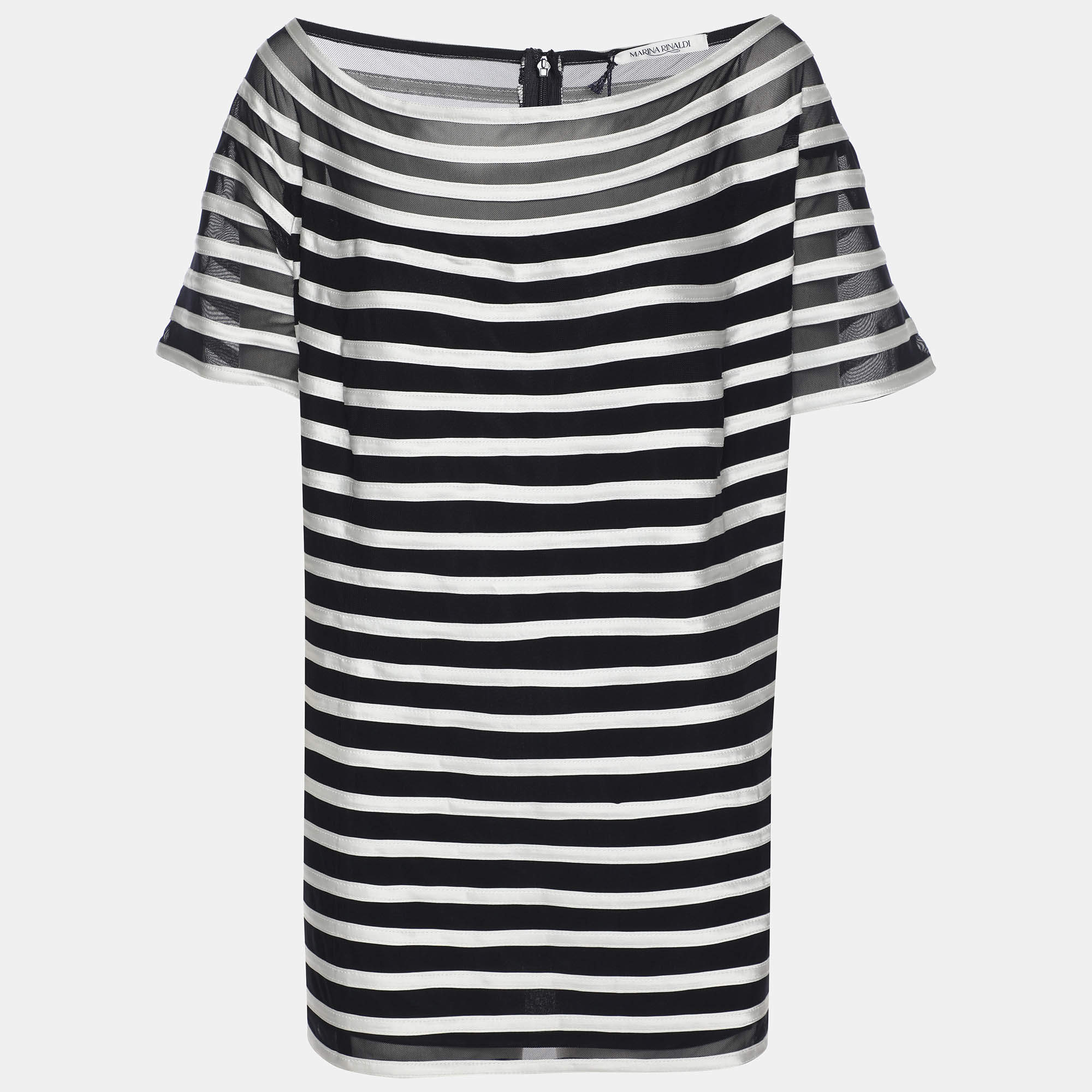 Pre Owned Marina Rinaldi Midnight Blue/White Jersey Ribbon Scoop Neck Tops XL