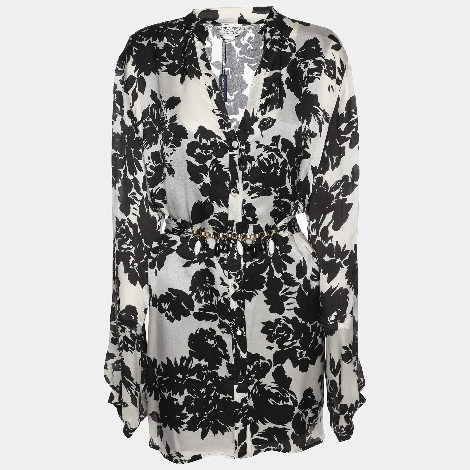 Pre Owned Marina Rinaldi White/Black Printed Chiffon Long Sleeve Shirt L