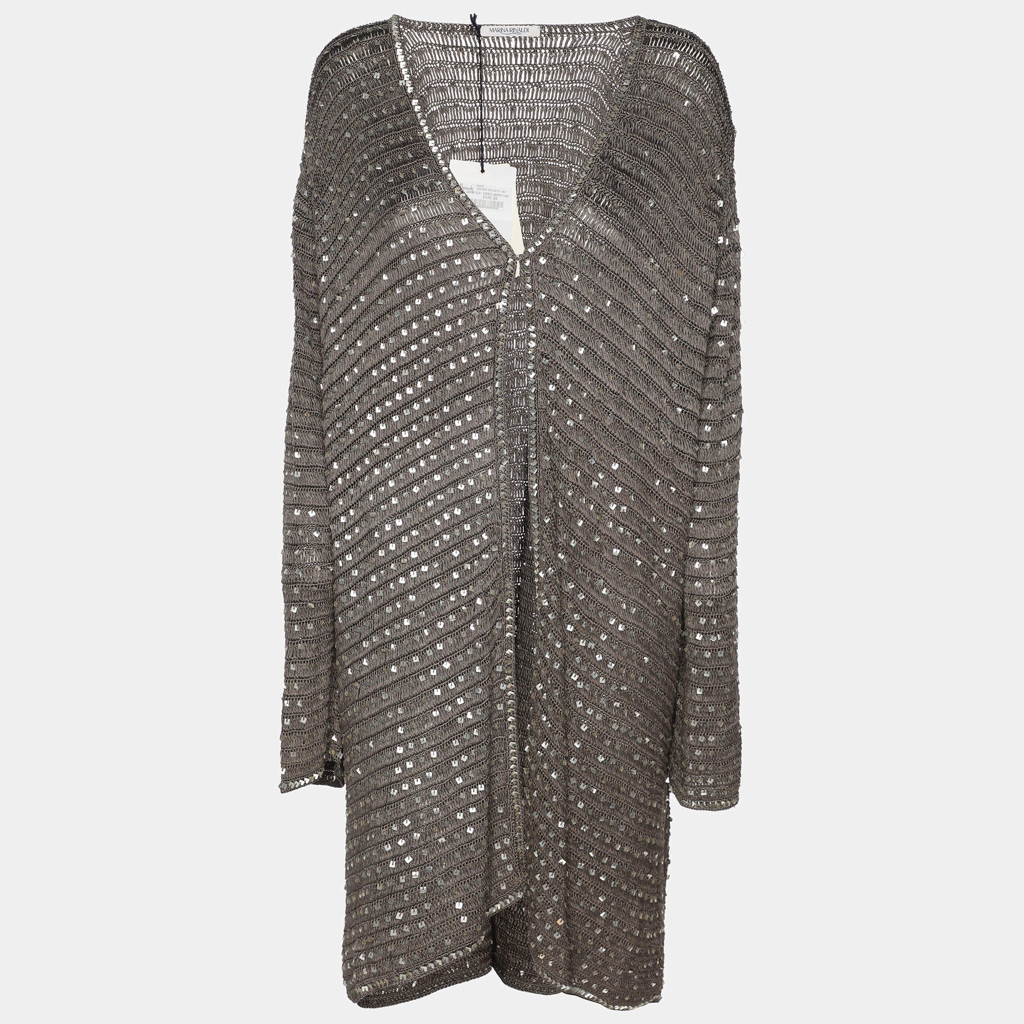 Pre Owned Marina Rinaldi Grey Knit Sequins Long Sleeve Cardigan L