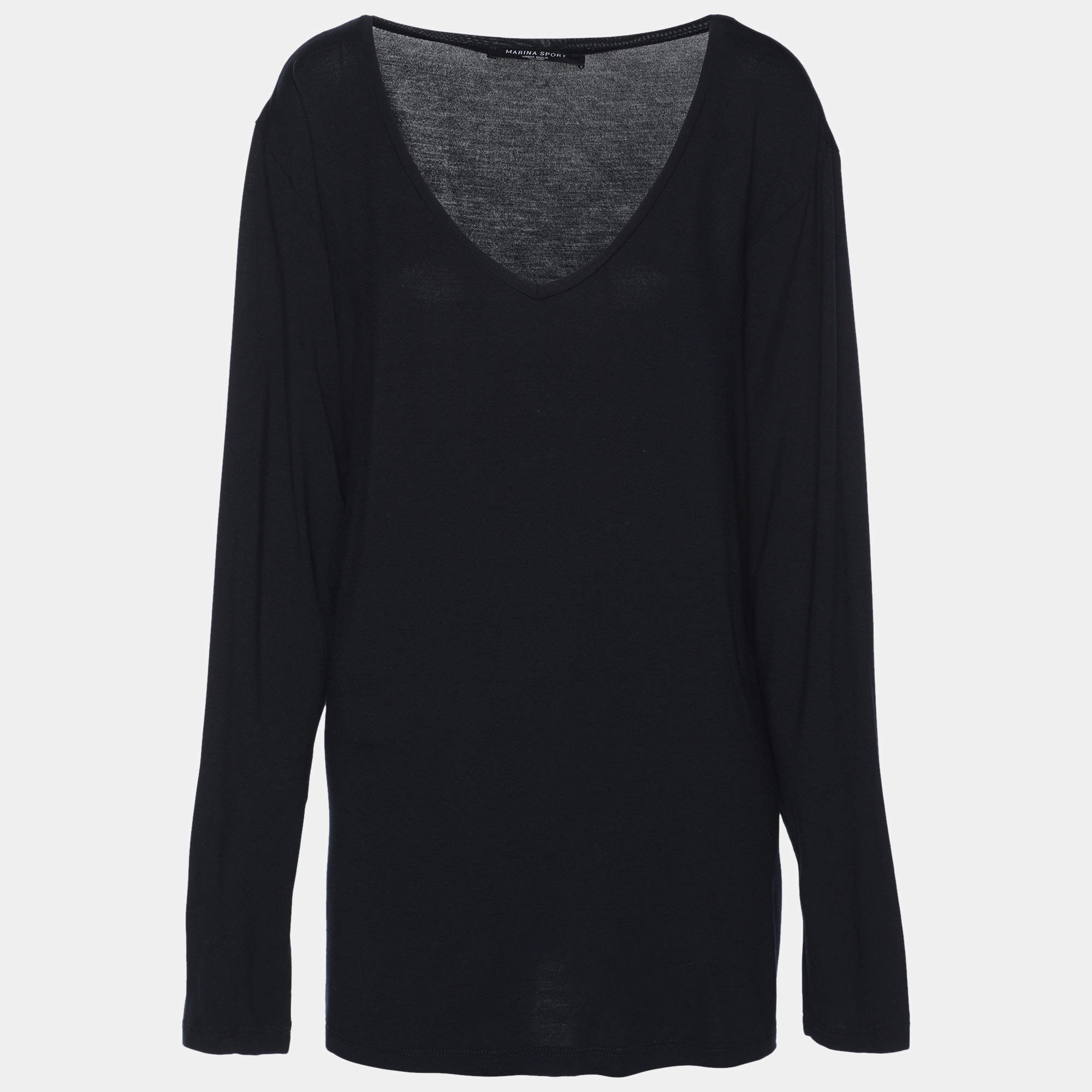 Pre Owned تي شيرت مارينا سبورت من ماري نا رينالدي جيرسي أزرق كحلي برقبة على شكل حرف V بأكمام طويلة مقاس كبير