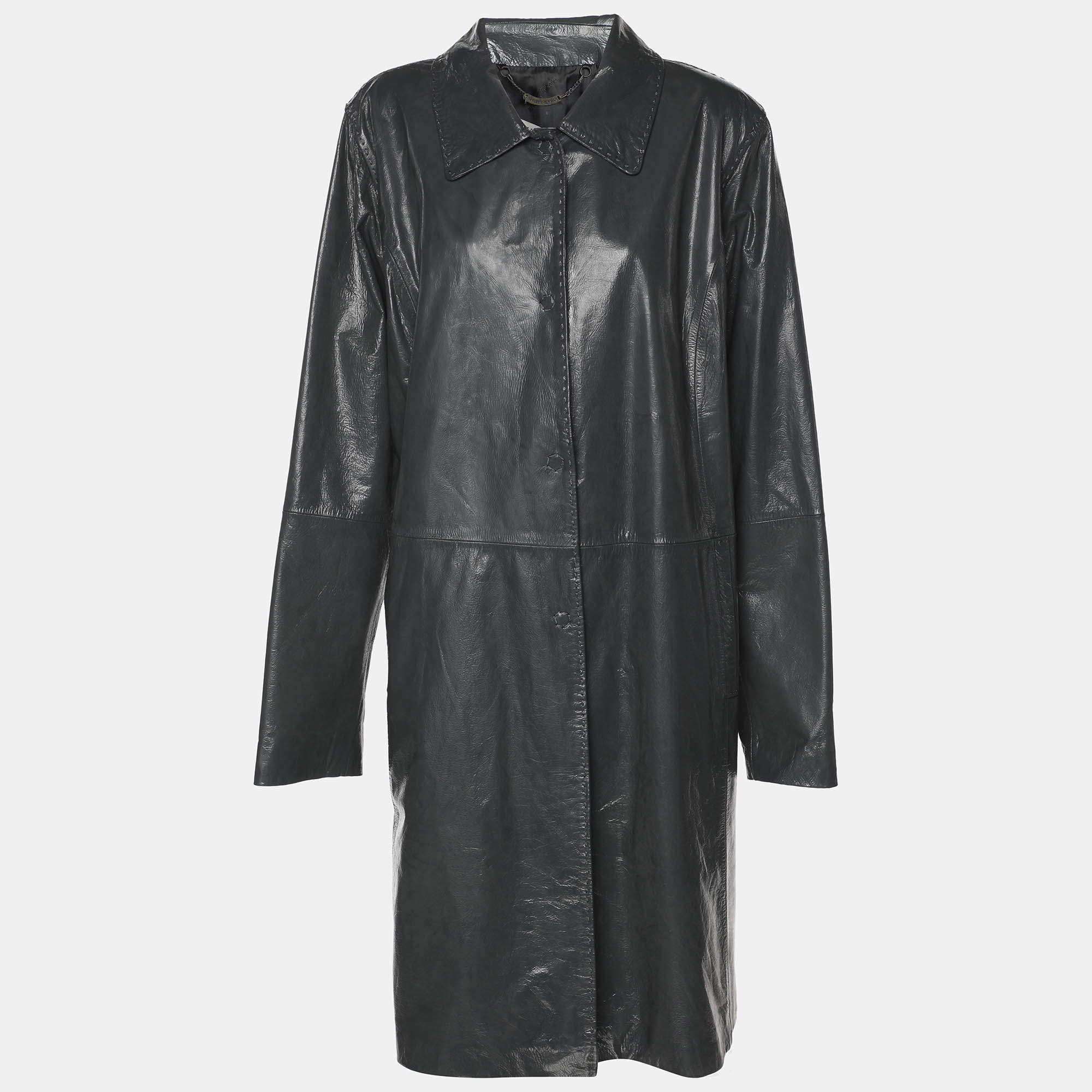 Pre Owned Marina Rinaldi Grey Synthetic Leather Long Jacket L