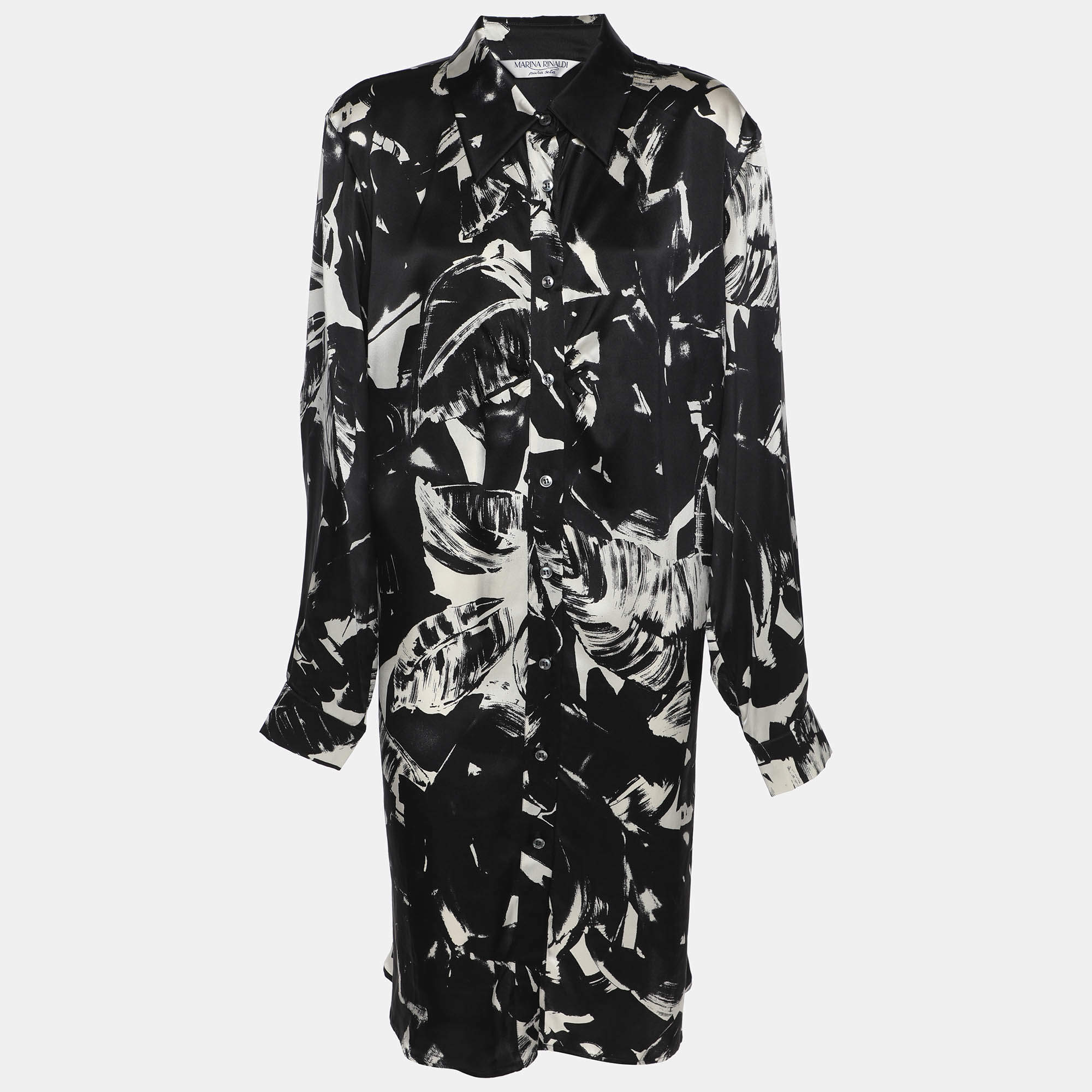 Pre Owned Marina Rinaldi Black/White Printed Silk Button Front Dress L