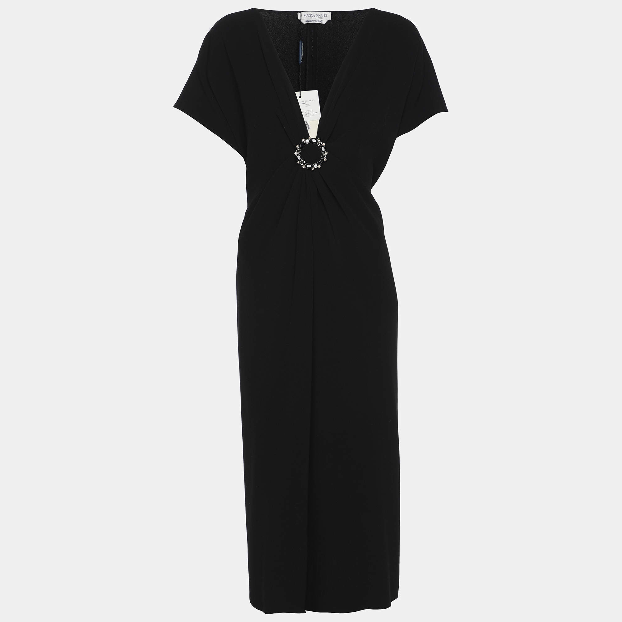 Pre Owned Marina Rinaldi Black Crepe Embellished Dress L