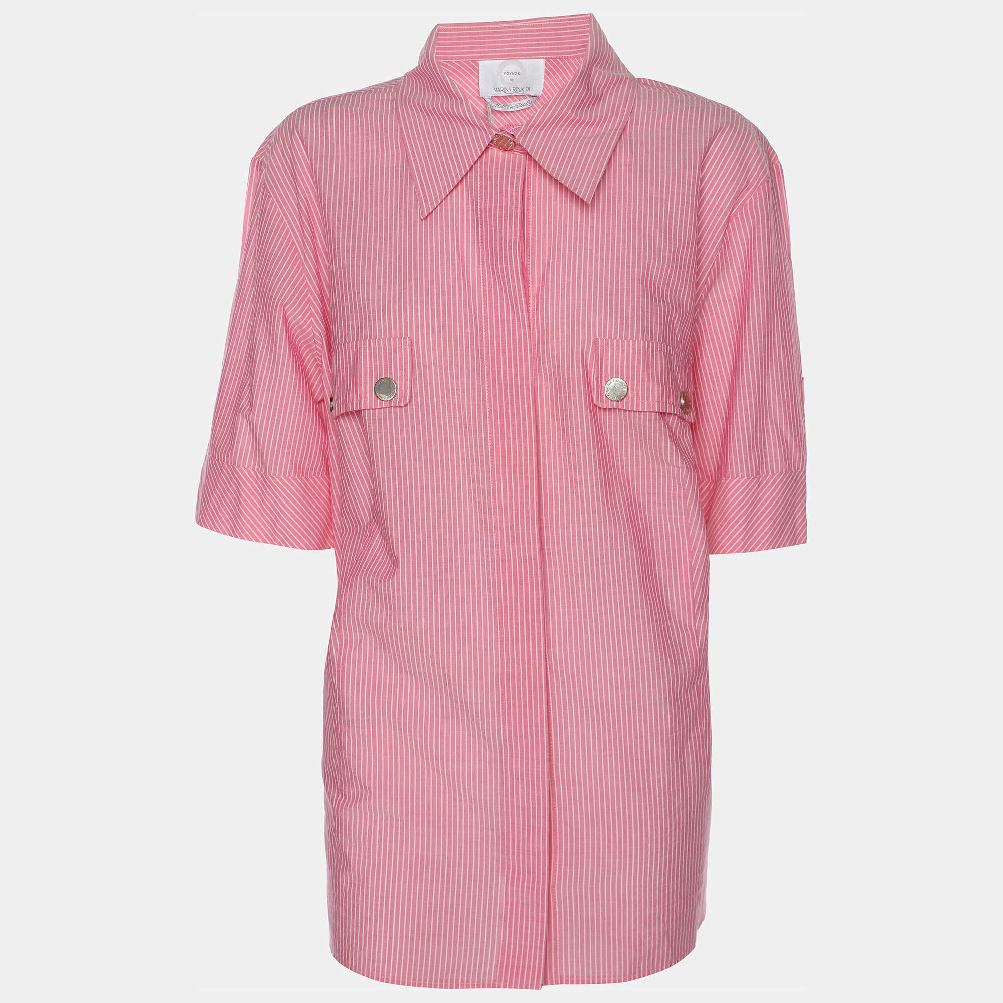 Pre Owned Marina Rinaldi Pink Striped Cotton Button Front Short Sleeve Shirt L