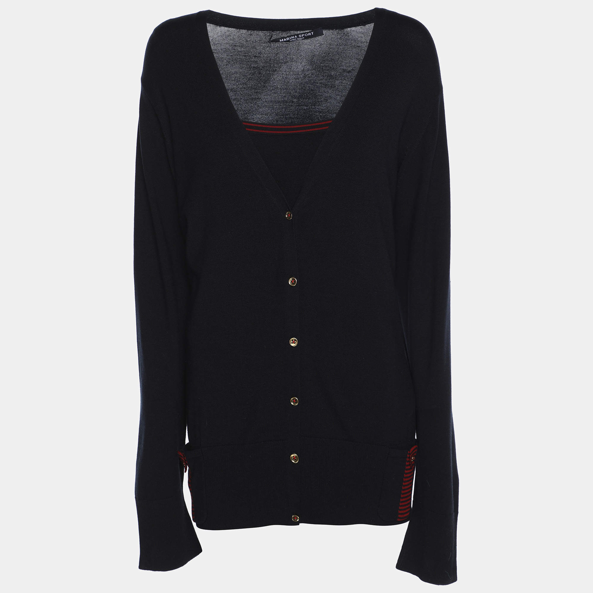 Pre Owned Marina Sport by Marina Rinaldi Navy Blue Stretch Knit Button Front Sweater L 