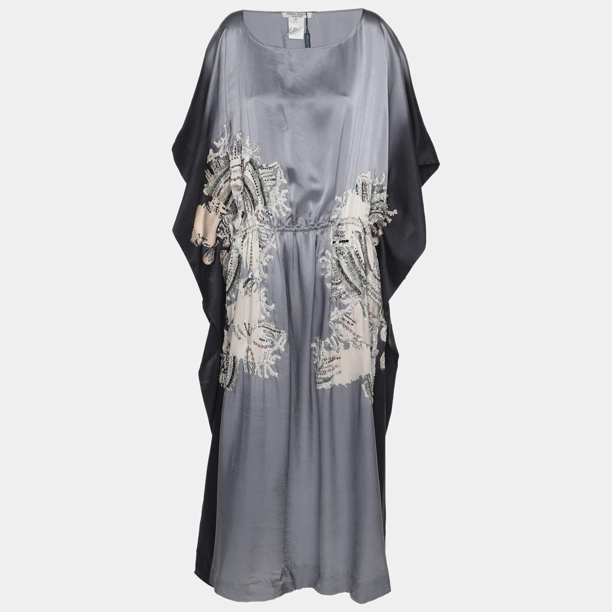 Pre Owned Marina Rinaldi Grey/Black Satin Ornate Print Embellished Sleeveless Midi Dress L