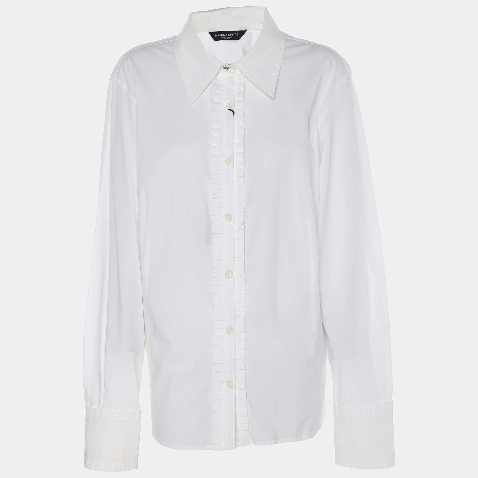 Pre Owned Marina Sport by Marina Rinaldi White Stretch Cotton Pleated Front Long Sleeve Shirt L