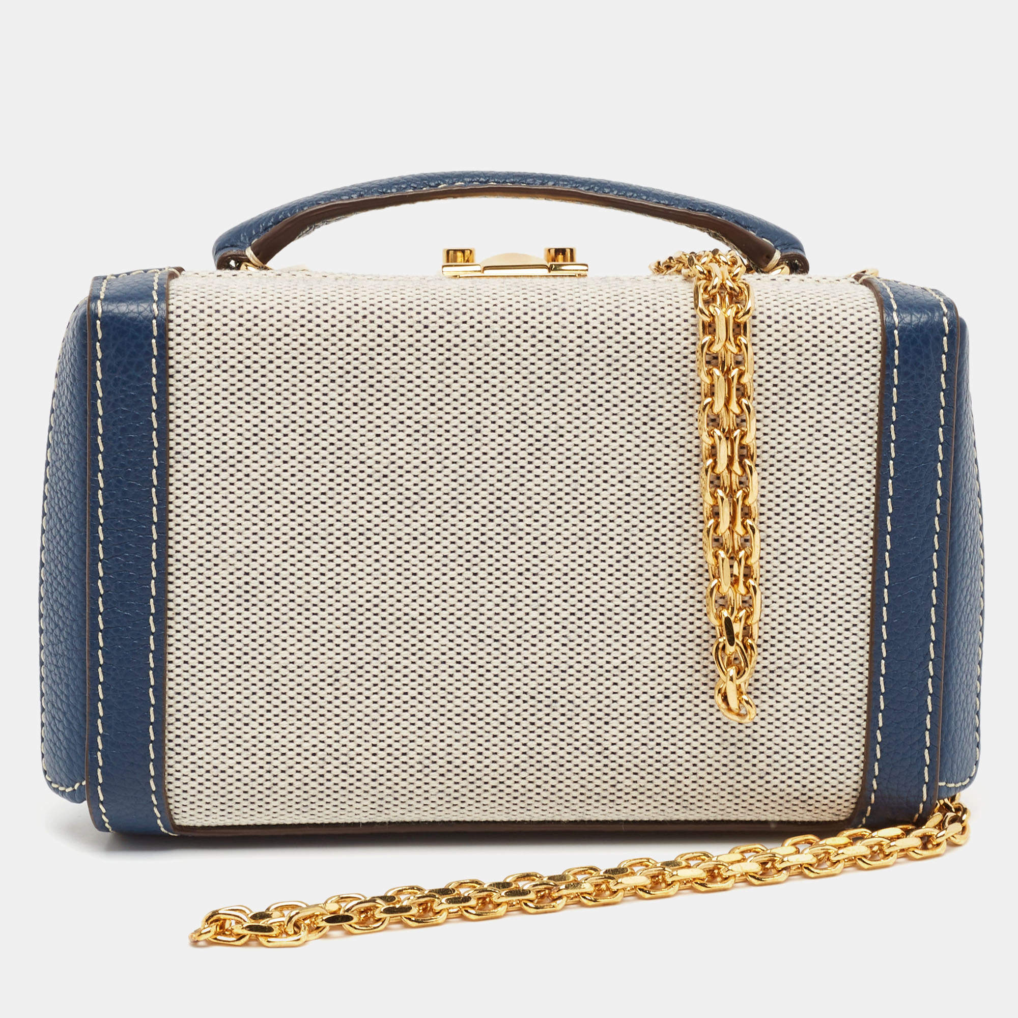 Mark Cross Navy Blue/White Canvas and Leather Box Belt Convertible Bag