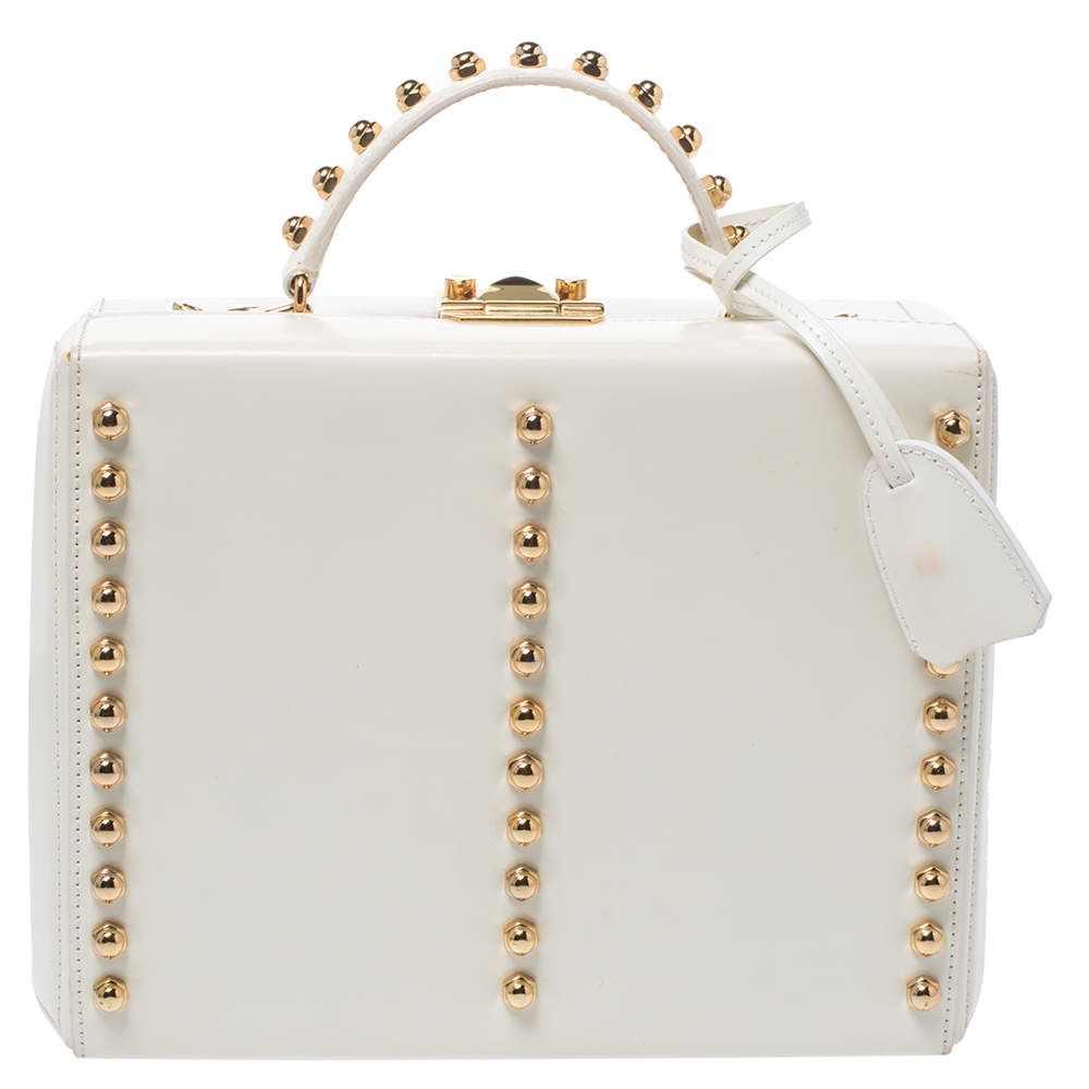 Pre Owned Mark Cross Off White Leather Grace Studded Box Bag