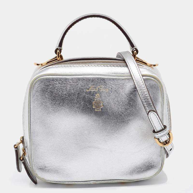 Mark Cross Metallic Silver Leather Baby Laura Top Handle Bag