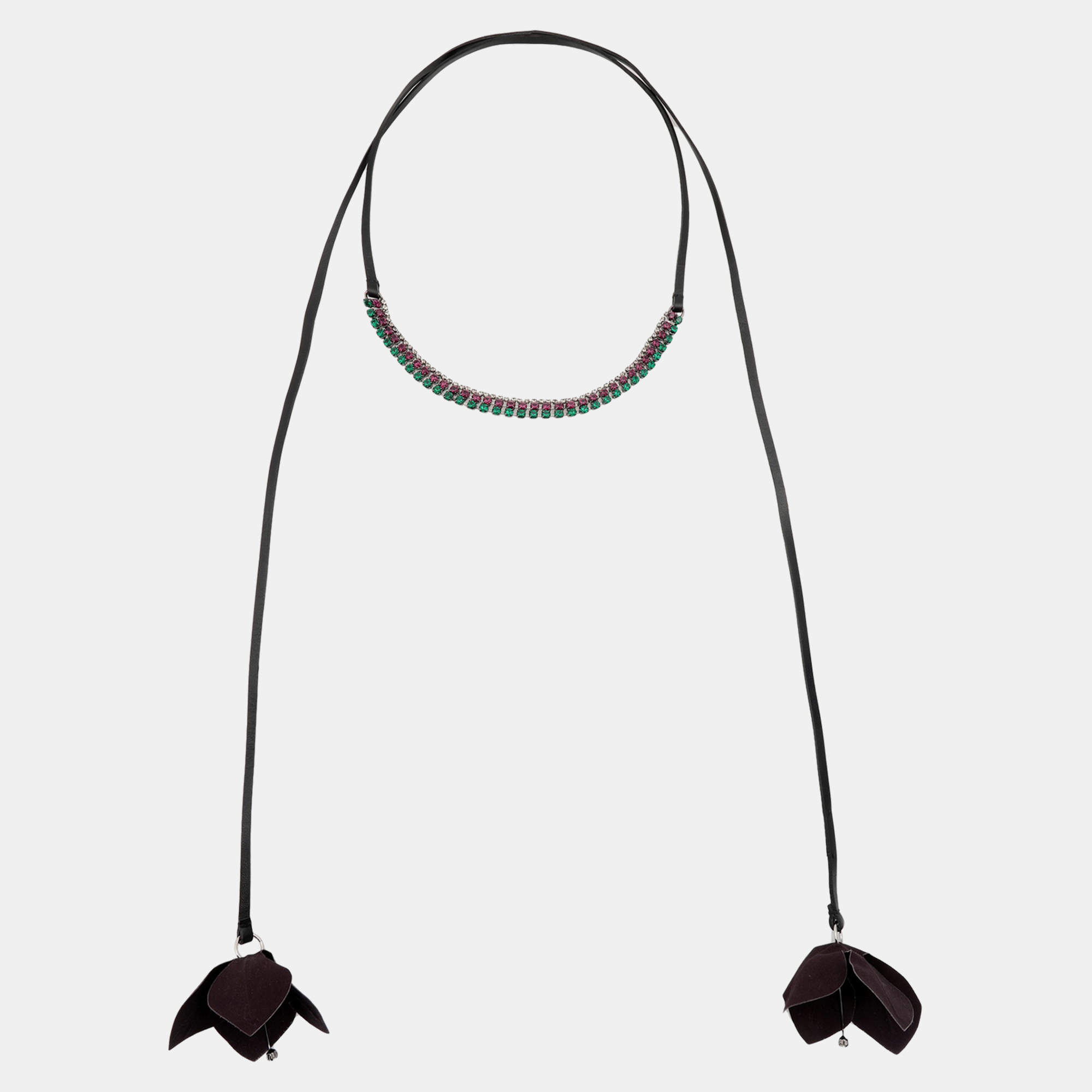 Marni Flower Fabric Crystal Leather Wrap Necklace