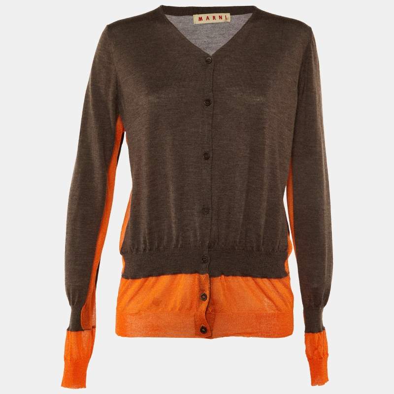 Pre Owned Marni Grey Cashmere Button Front Contrast Panel Detail Cardigan L