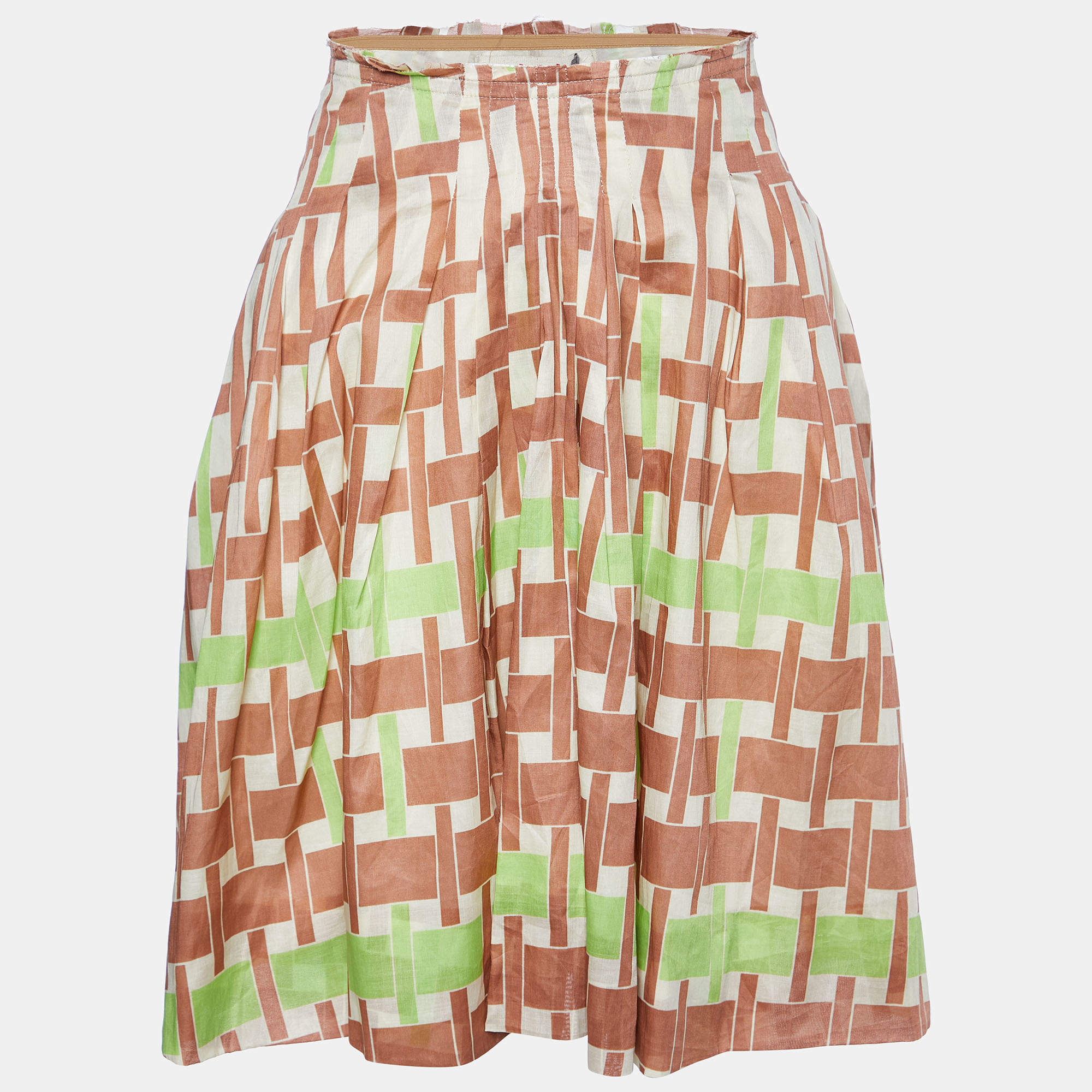 Marni Multicolor Printed Cotton Frayed Waist Detail Midi Skirt S