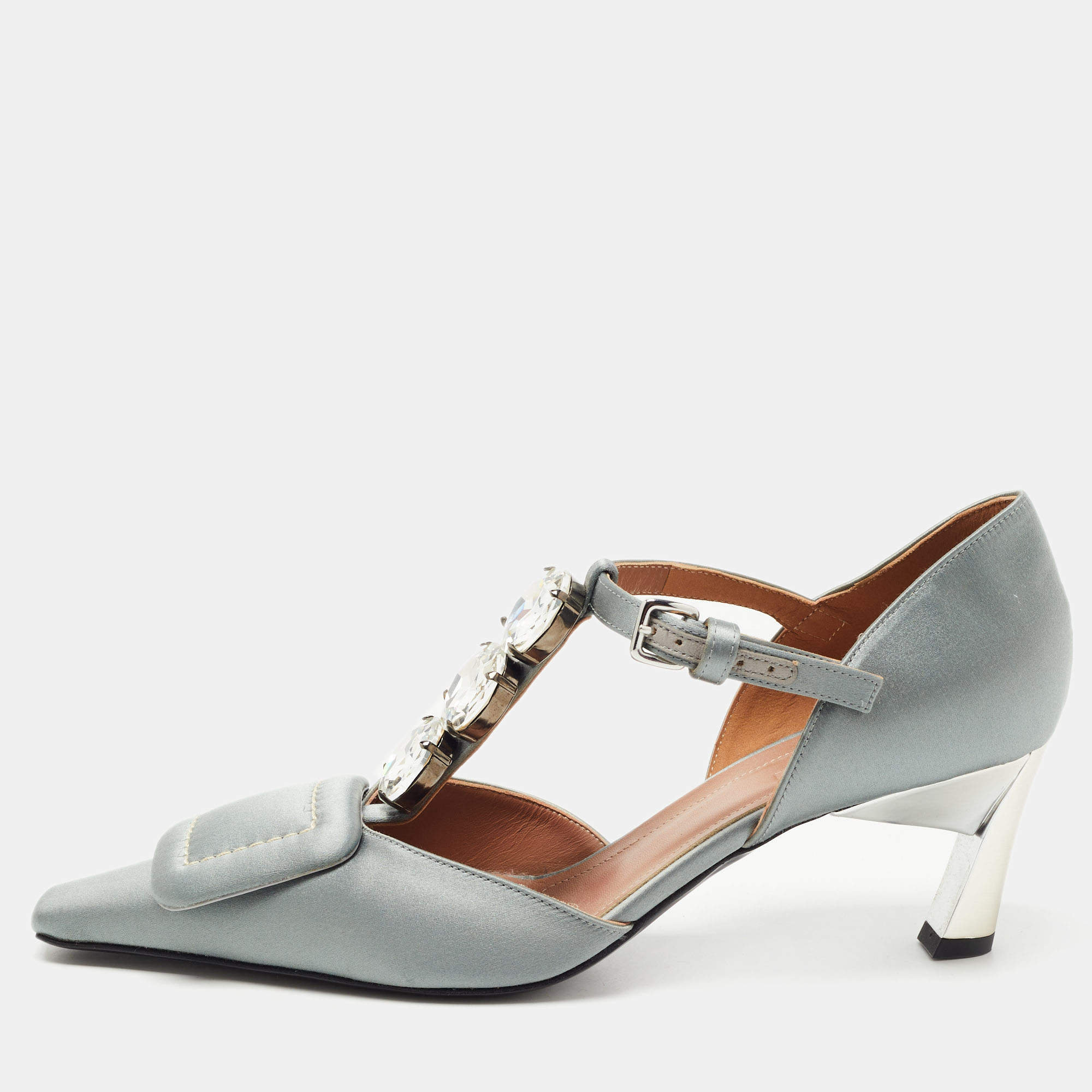 Pre Owned Marni Grey Satin Crystal Embellished T-Bar Pumps Size 39