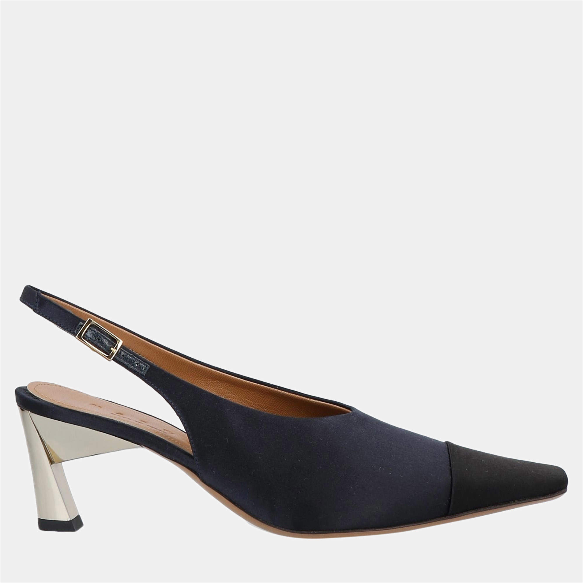 Pre Owned Marni Navy Blue/Black Satin Slingback Pumps 36