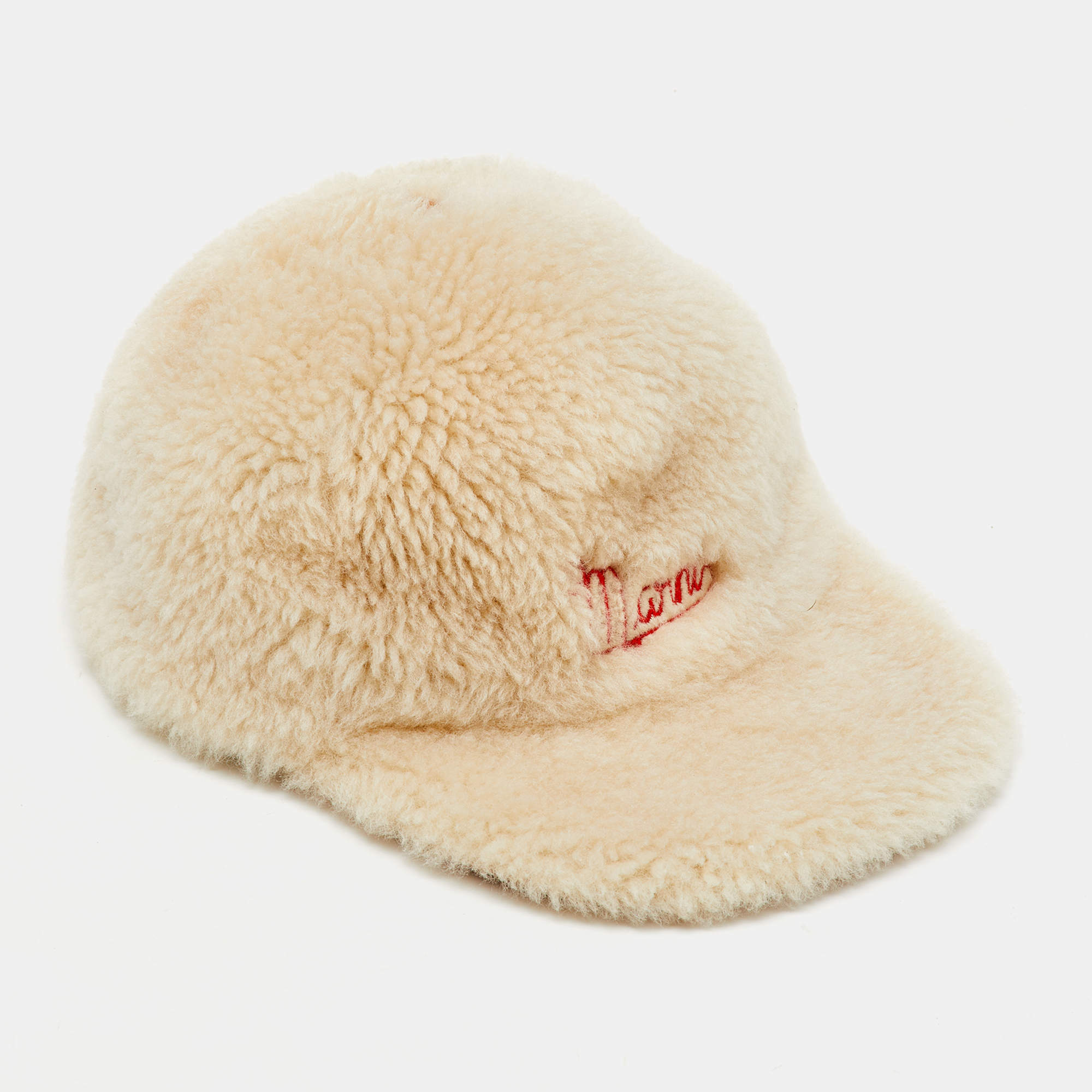 Marni Beige Logo Embroidered Shearling& Leather Baseball Cap M