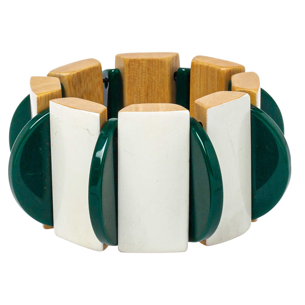 Pre Owned Marni White/Green Resin Wooden Stretch Bracelet