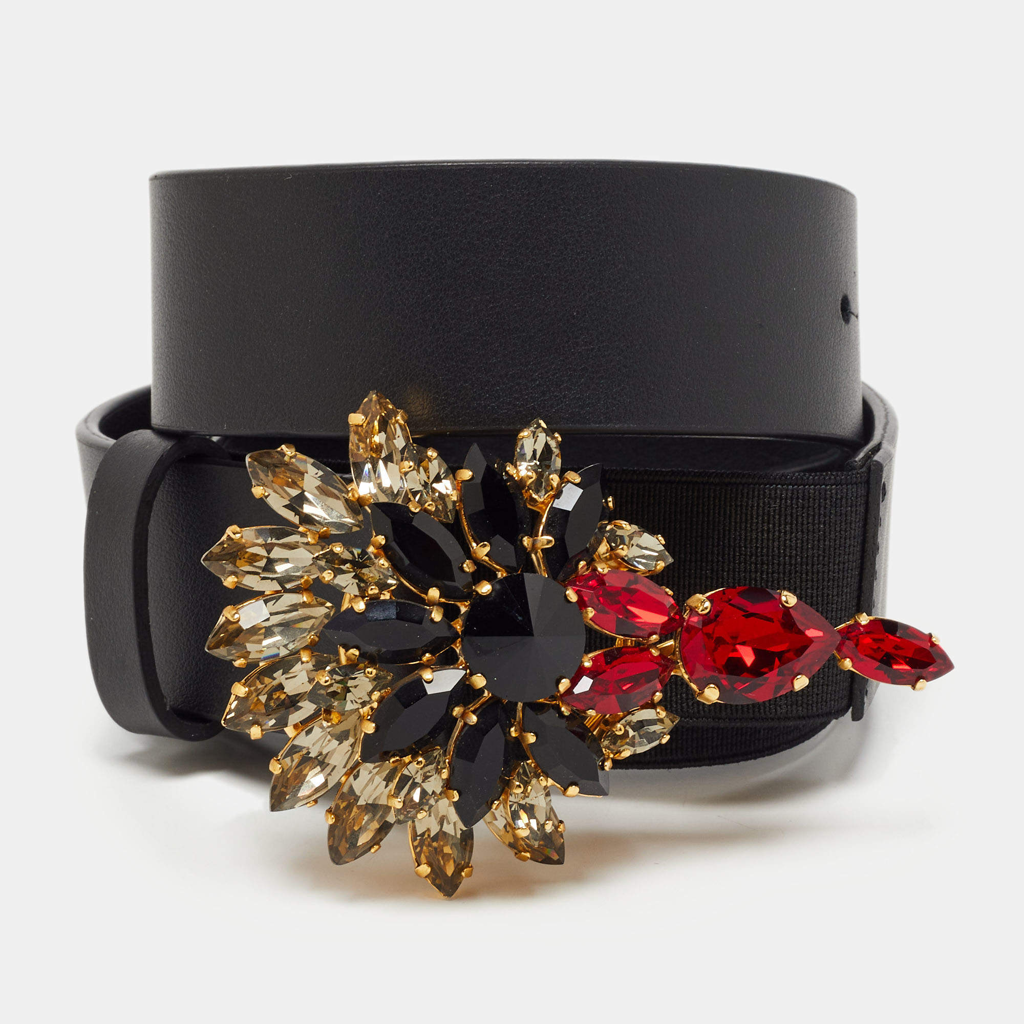 Marni Black Leather and Elastic Crystals Buckle Waist Belt