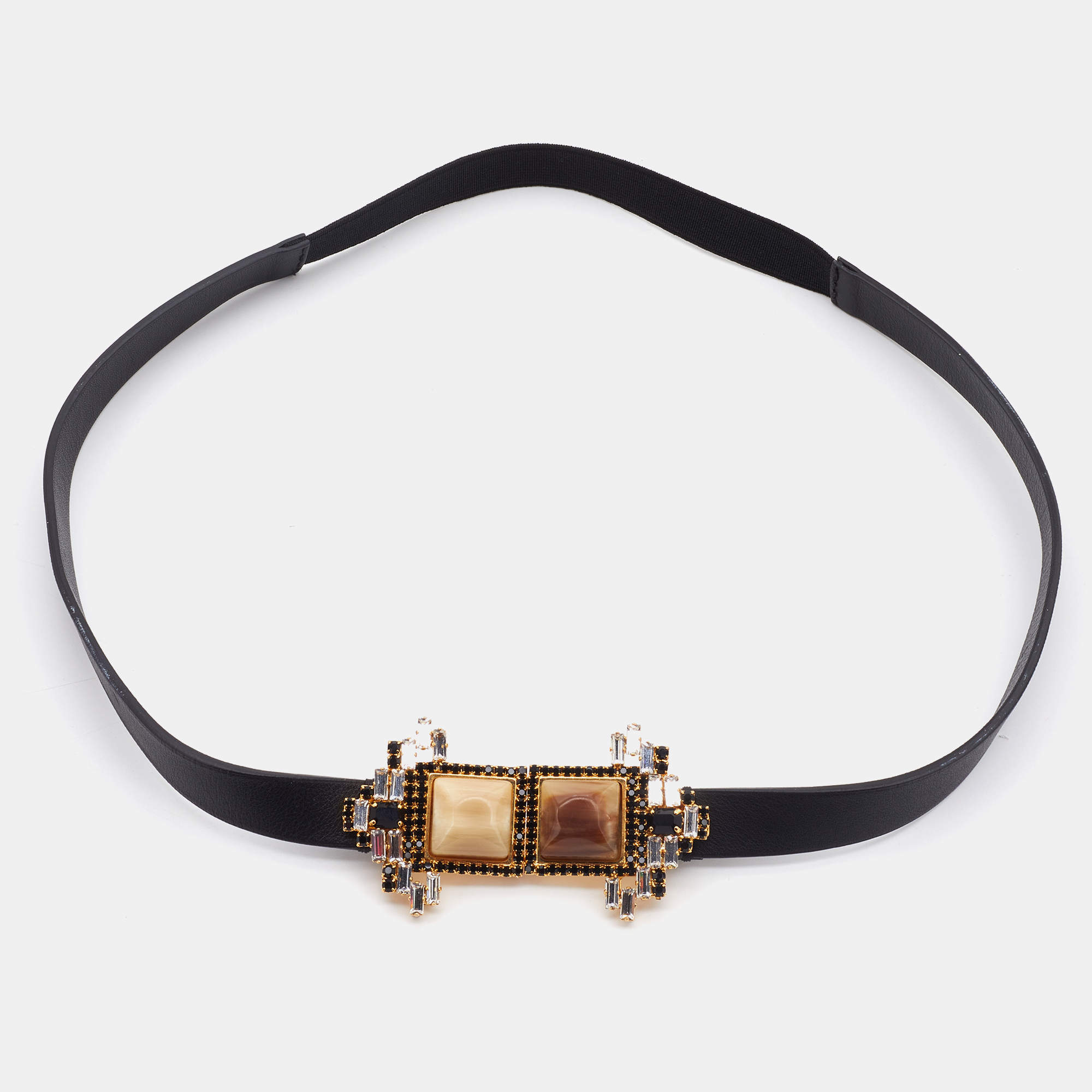 Marni Black Leather Crystal Embellished Elasticized Waist Belt