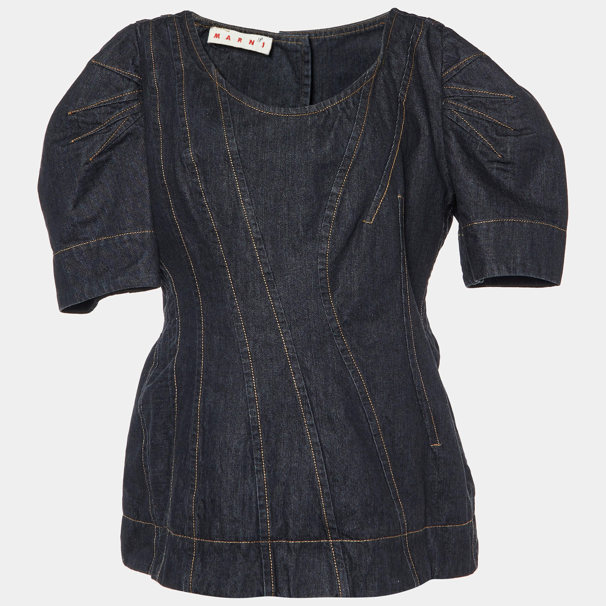 Pre Owned Marni Black Denim Buttoned Back Puff Sleeves Top L