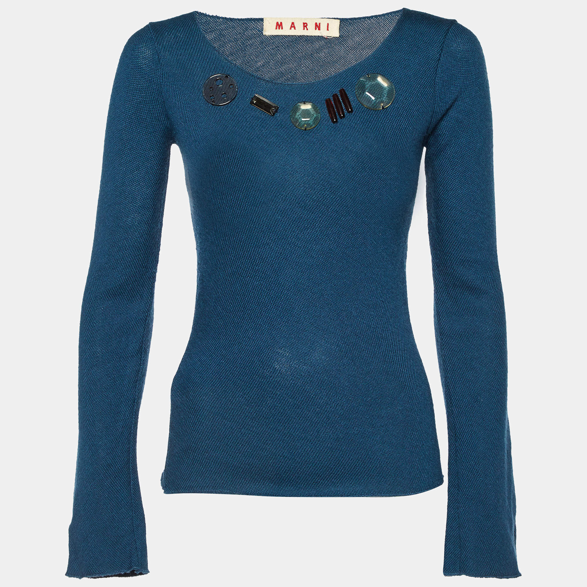 Marni Blue Embellished Wool Full Sleeve Sweater S