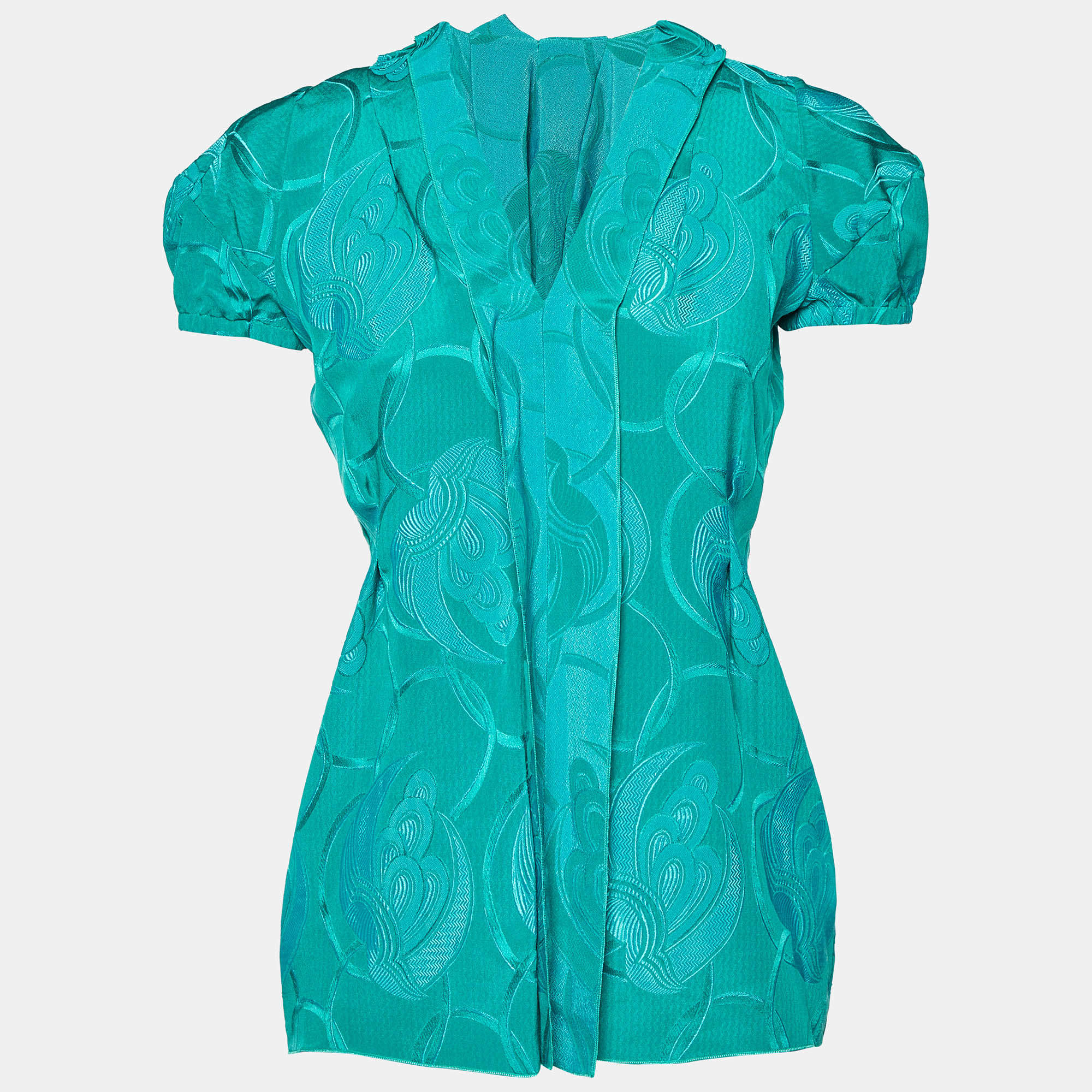 Pre Owned Marni Green Jacquard Silk Blend V-Neck Top S