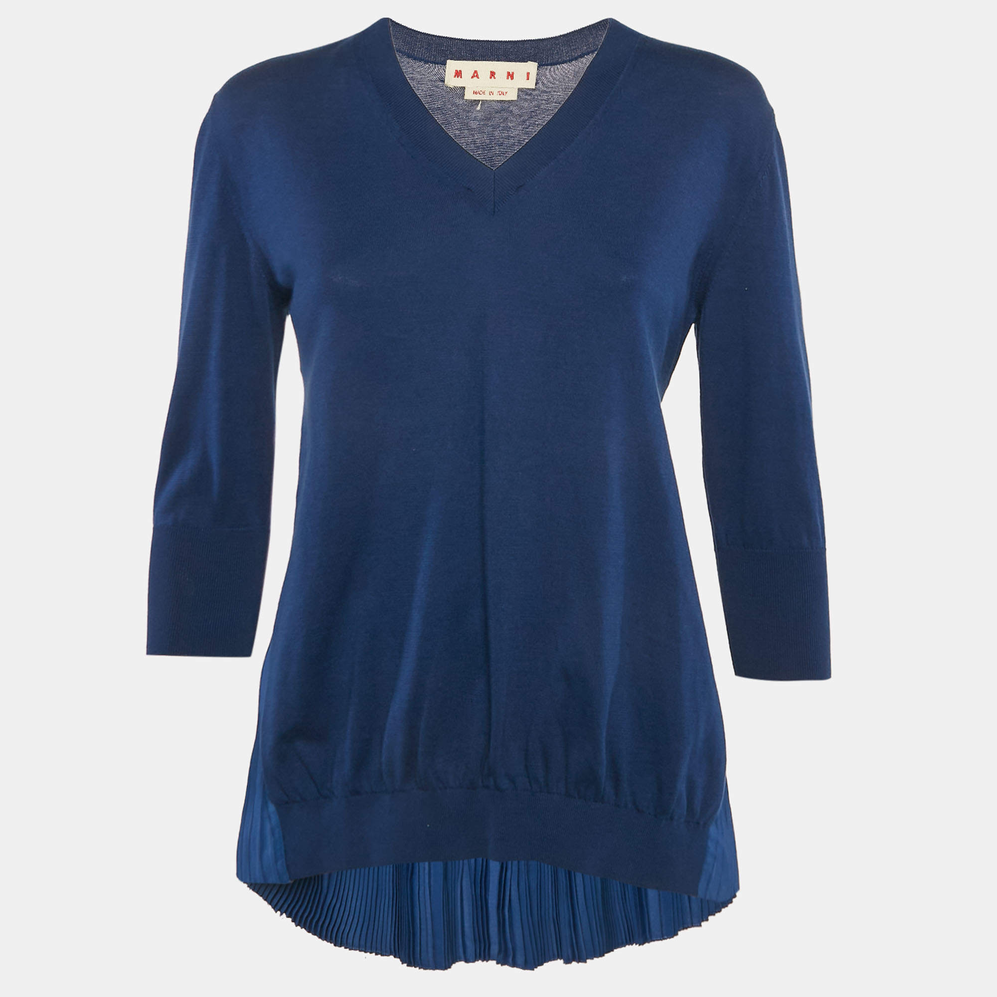 Pre Owned Marni Royal Blue Cotton Knit and Silk Pleated Asymmetric Top M