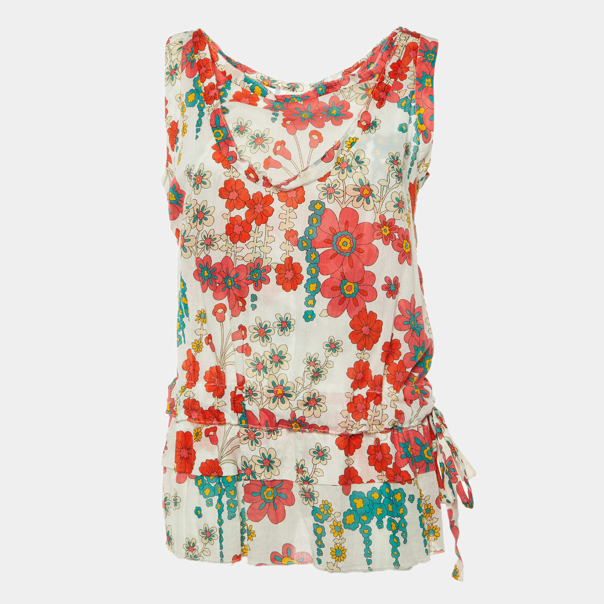 Marni White/Red Floral Print Cotton Peplum Top M