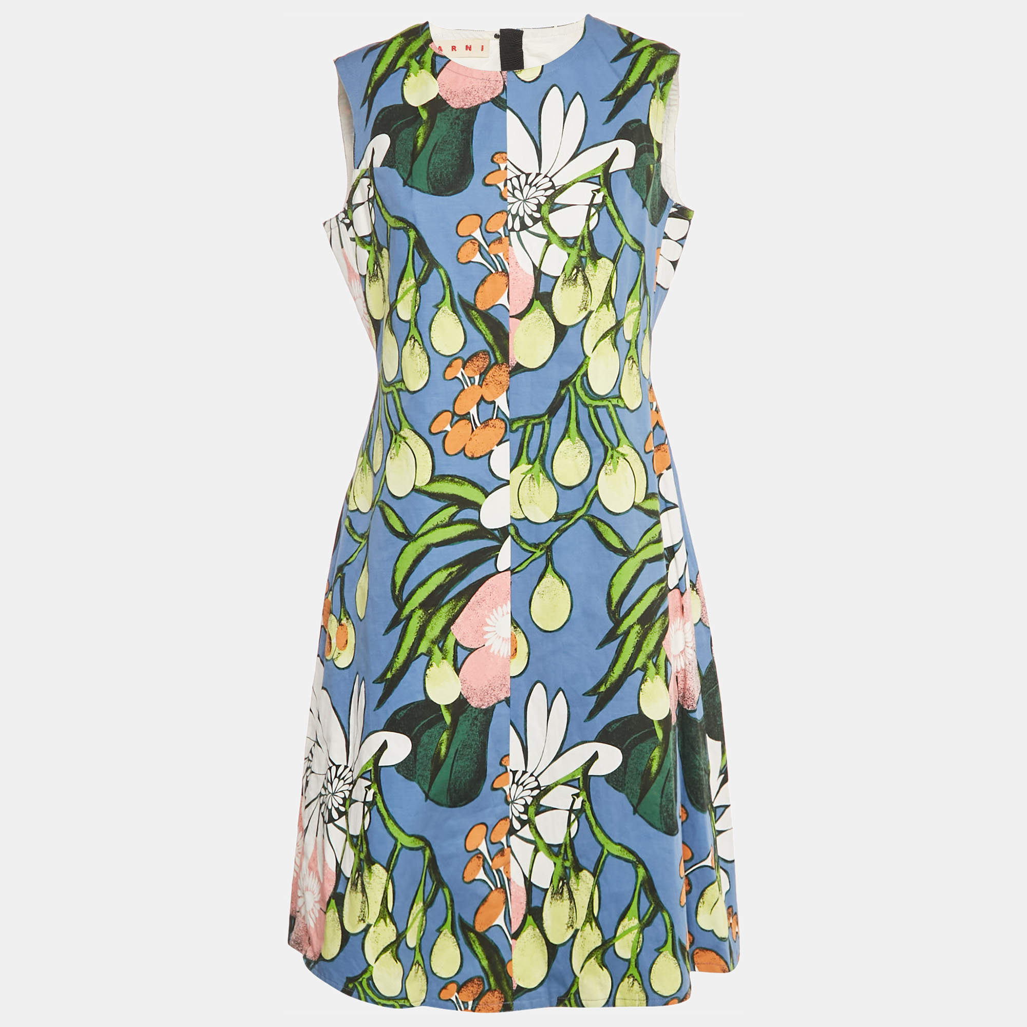 Pre Owned Marni Blue Printed Cotton Blend Sleeveless Short Dress M