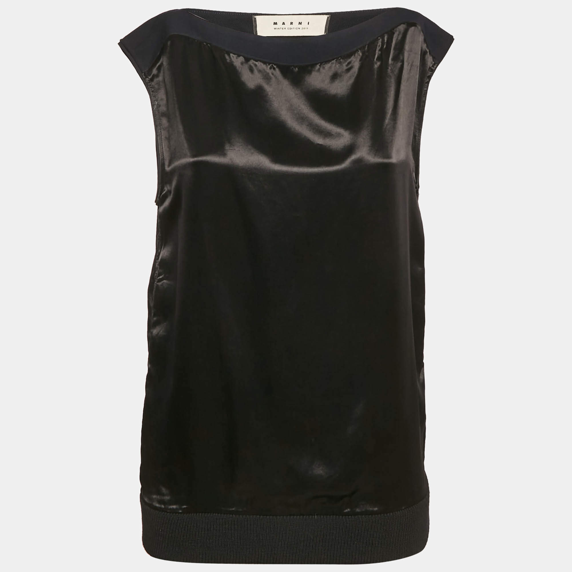 Marni Black Satin Rib Hem Sleeveless Top S