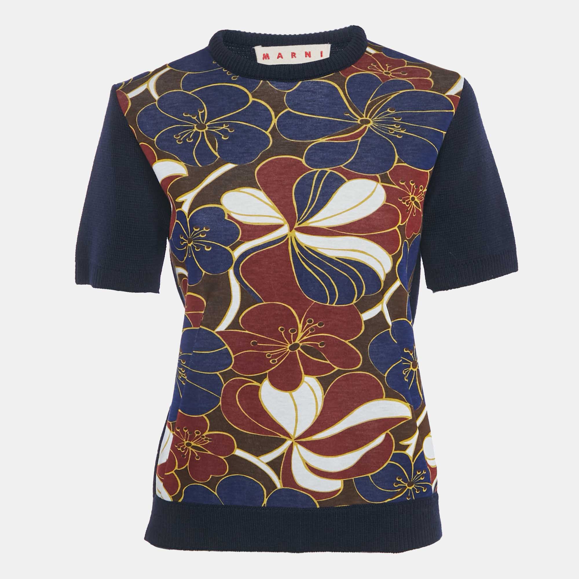 Pre Owned Marni Navy Blue Floral Print Rib Knit and Jersey Sweatshirt S